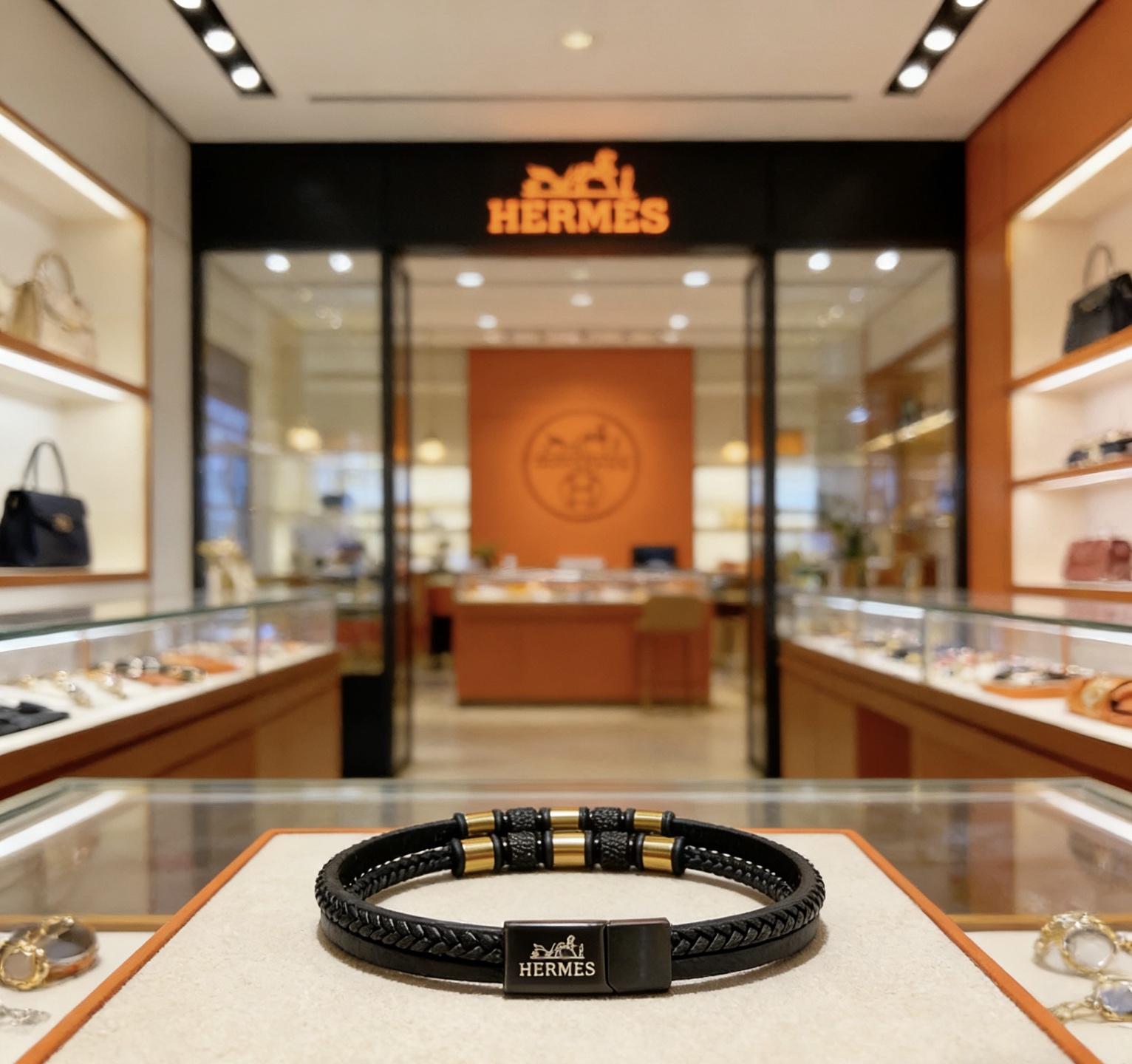 Bracciale Hermes New H in pelle nera hardware in metallo color oro 19 cm