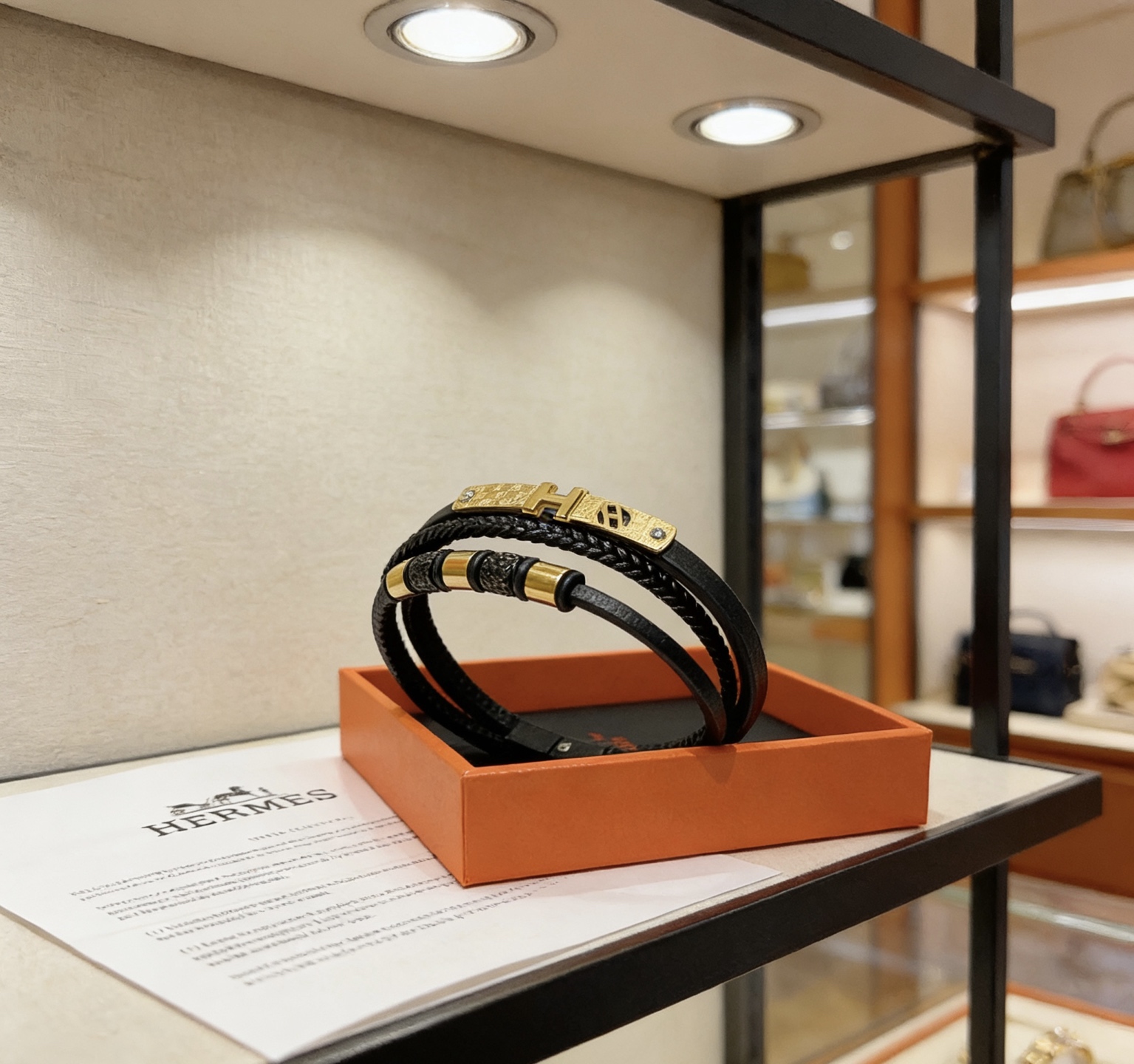 Bracciale Hermes New H in pelle nera hardware in metallo color oro 19 cm