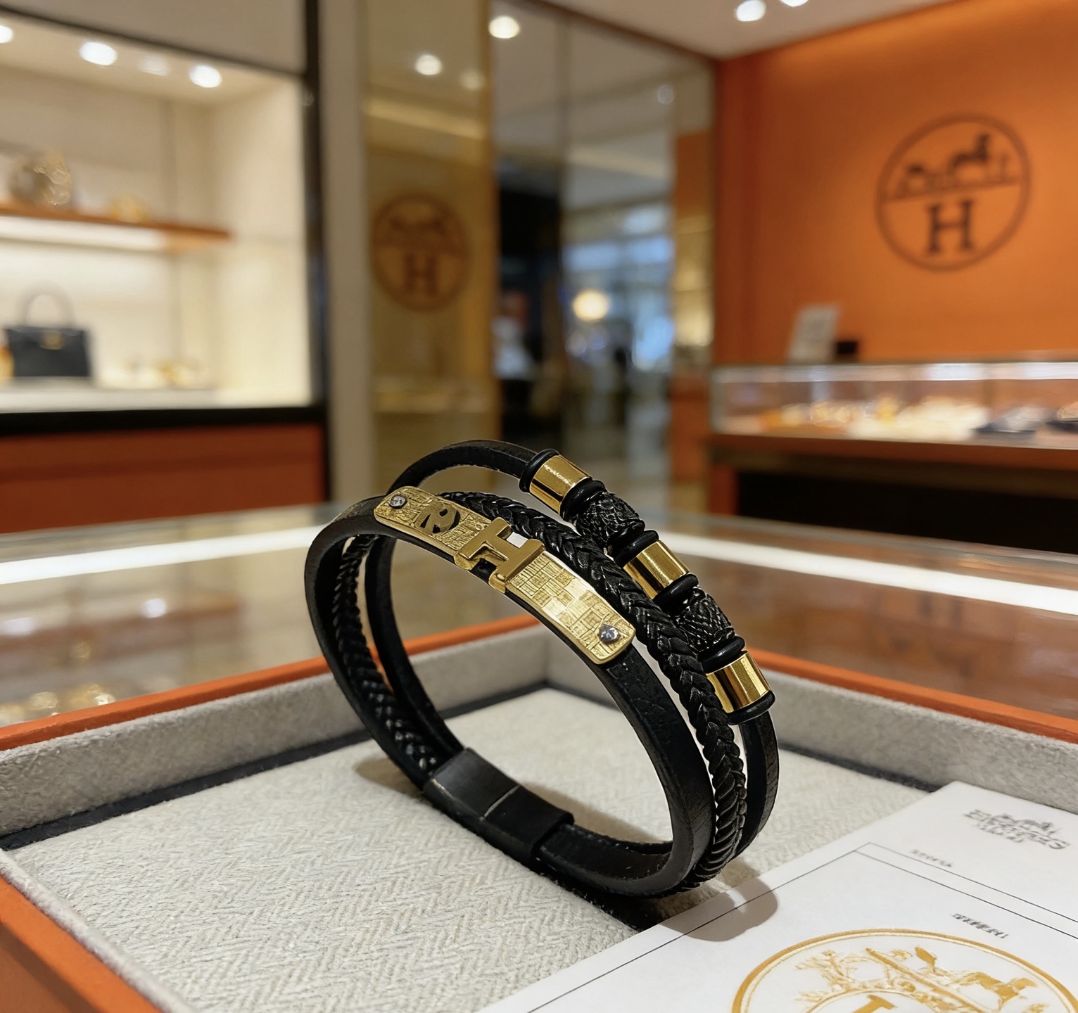 Bracciale Hermes New H in pelle nera hardware in metallo color oro 19 cm