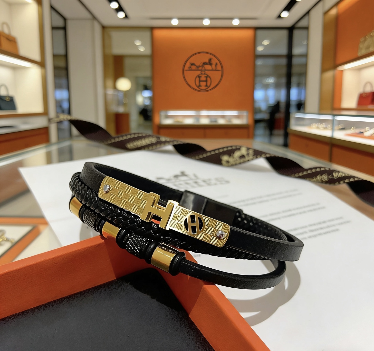 Bracciale Hermes New H in pelle nera hardware in metallo color oro 19 cm