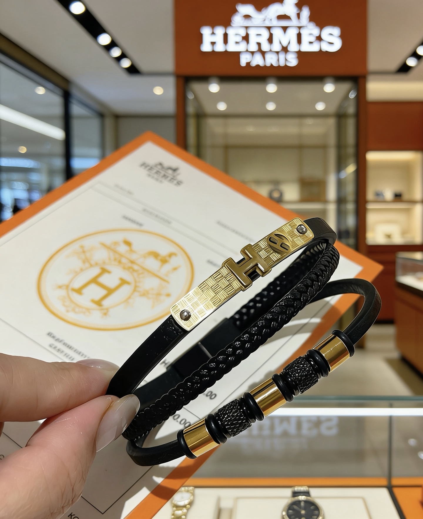 Bracciale Hermes New H in pelle nera hardware in metallo color oro 19 cm