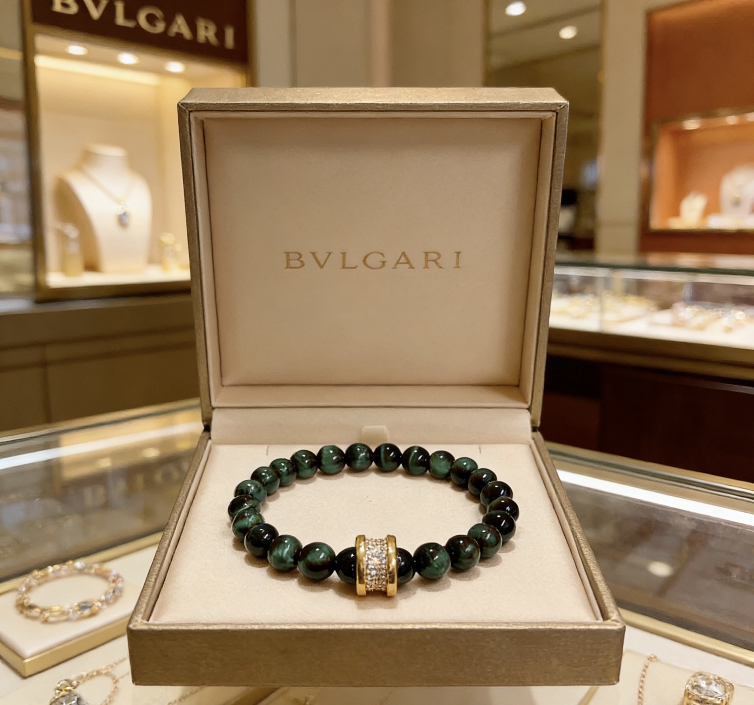 Bvlgari B zero1 bracelet Yellow gold with pave diamonds green tiger s eye beads 18
