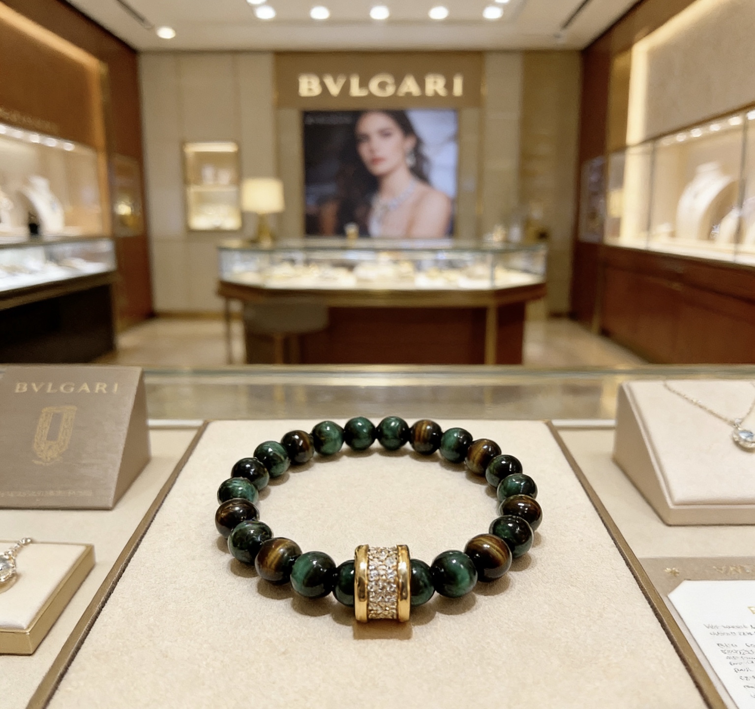 Bvlgari B zero1 bracelet Yellow gold with pave diamonds green tiger s eye beads 18