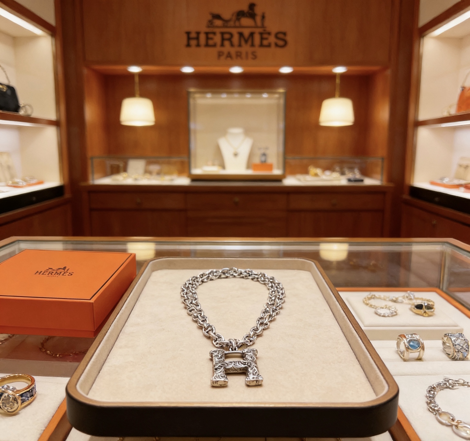 Collana Hermes H con pendente Chaine d'Ancre Metallo color argento con dettagli incisi accenti in pietra pavé chiara sul pendente H 60 cm