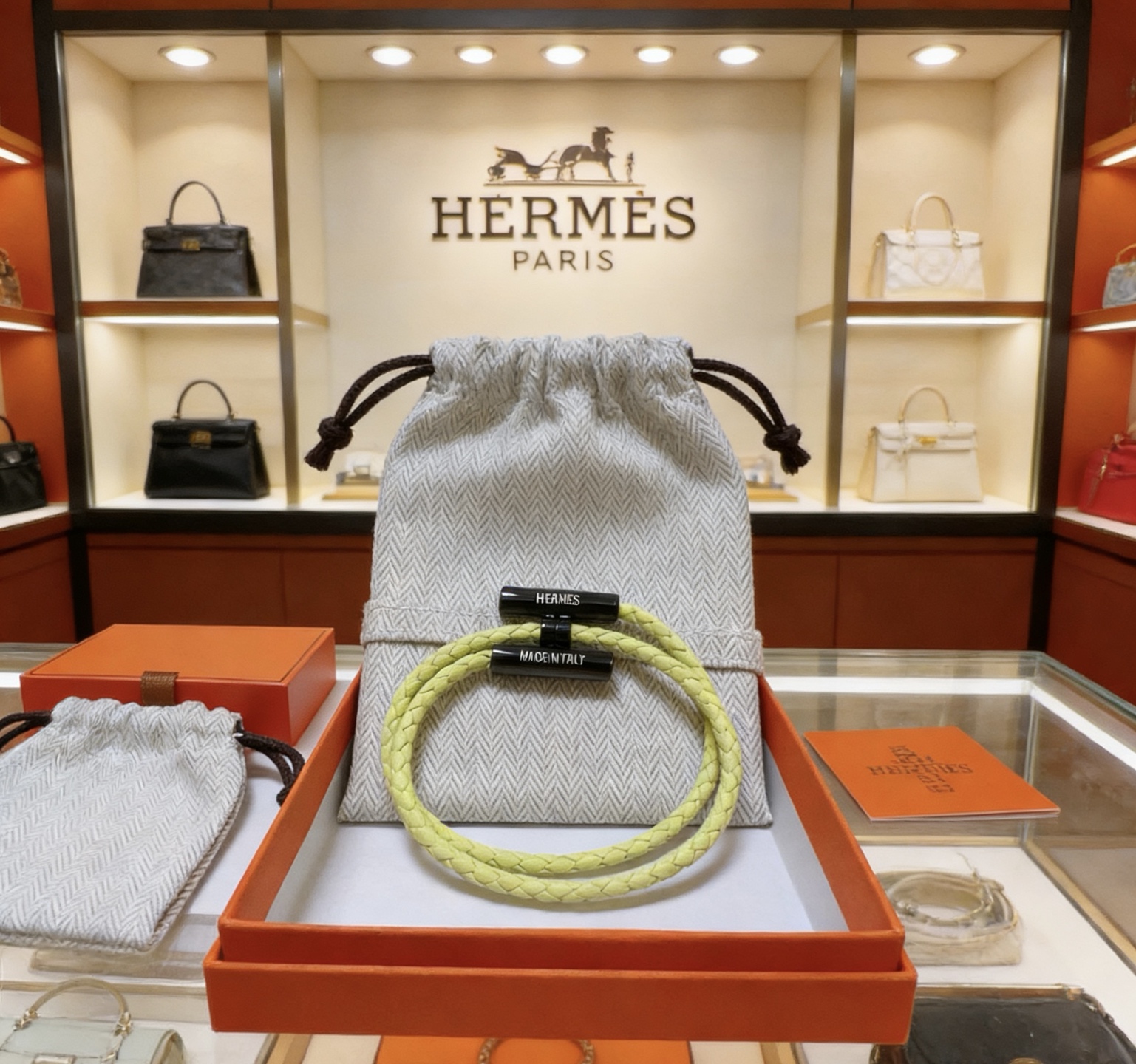 Bracciale Hermes Tournis Tresse Pelle intrecciata giallo lime con hardware in metallo laccato nero 17 cm