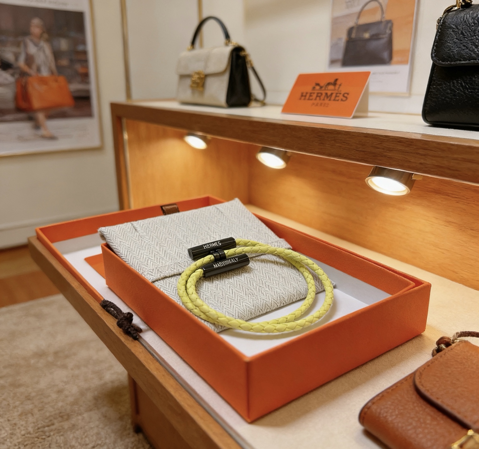 Bracciale Hermes Tournis Tresse Pelle intrecciata giallo lime con hardware in metallo laccato nero 17 cm