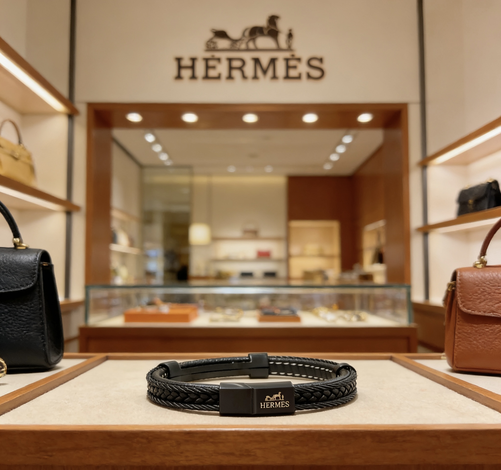Bracciale Hermes New Anger Forest in pelle nera con hardware in canna di fucile 19 cm