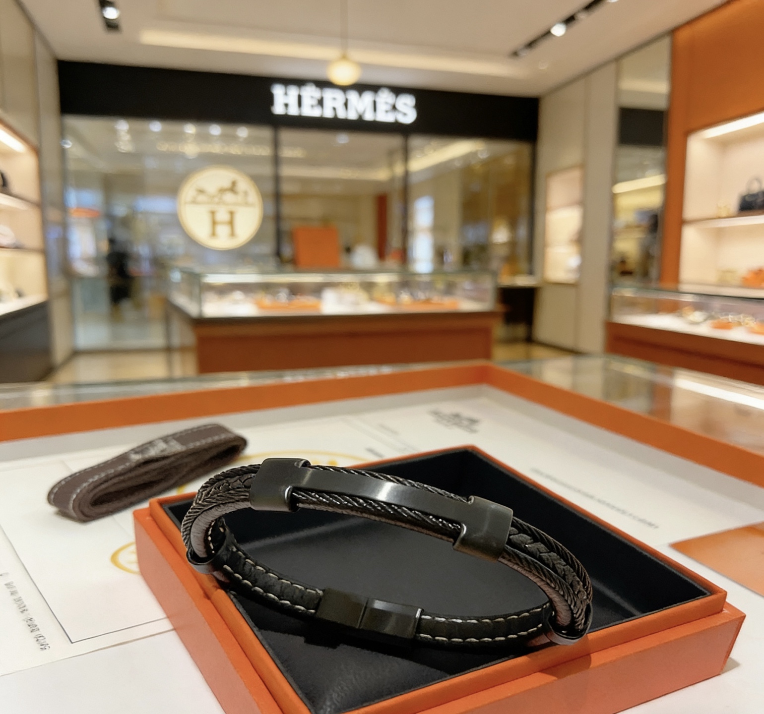 Bracciale Hermes New Anger Forest in pelle nera con hardware in canna di fucile 19 cm
