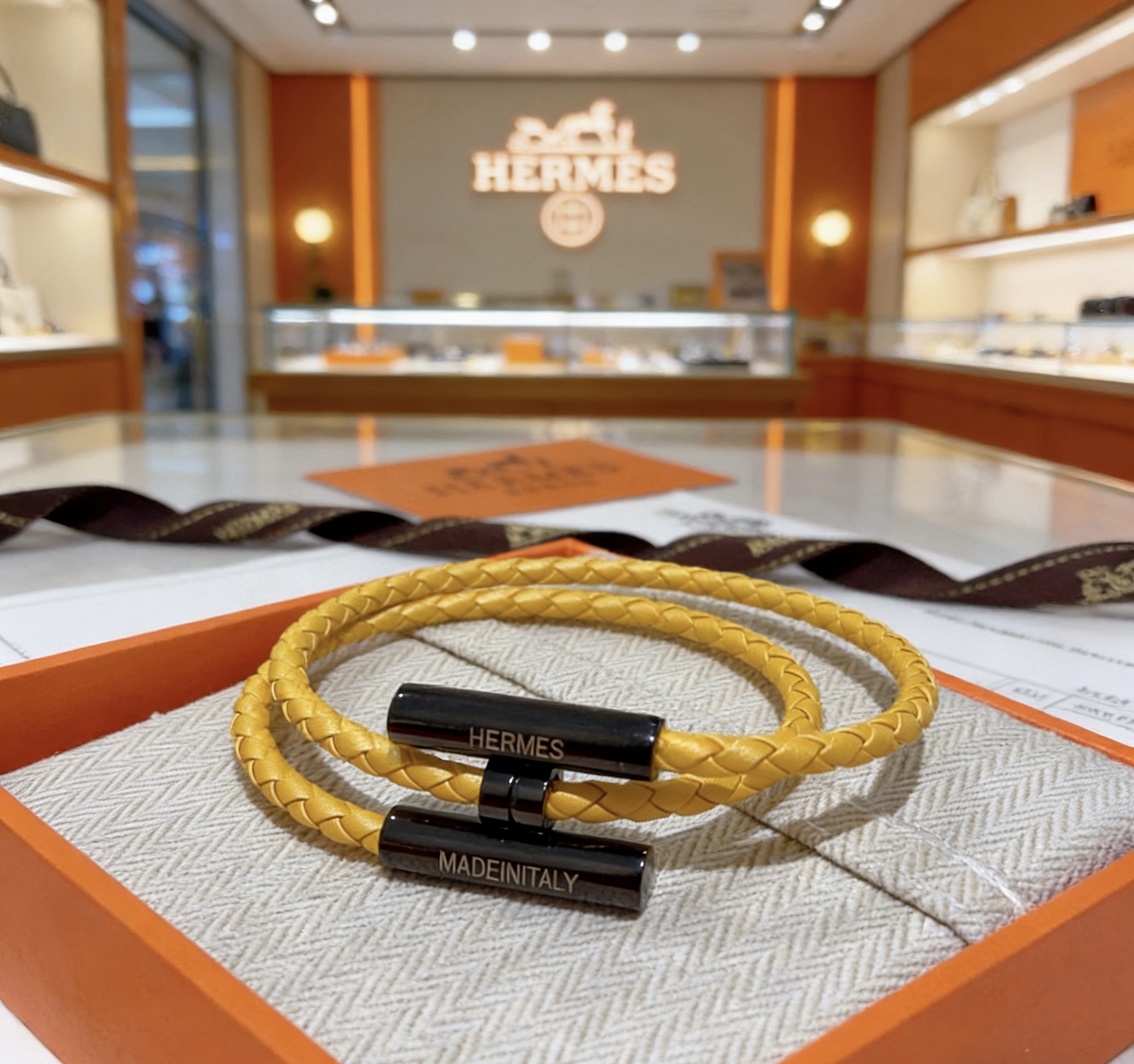Bracciale Hermes Tournis Tresse Pelle intrecciata gialla con hardware nero 19 cm