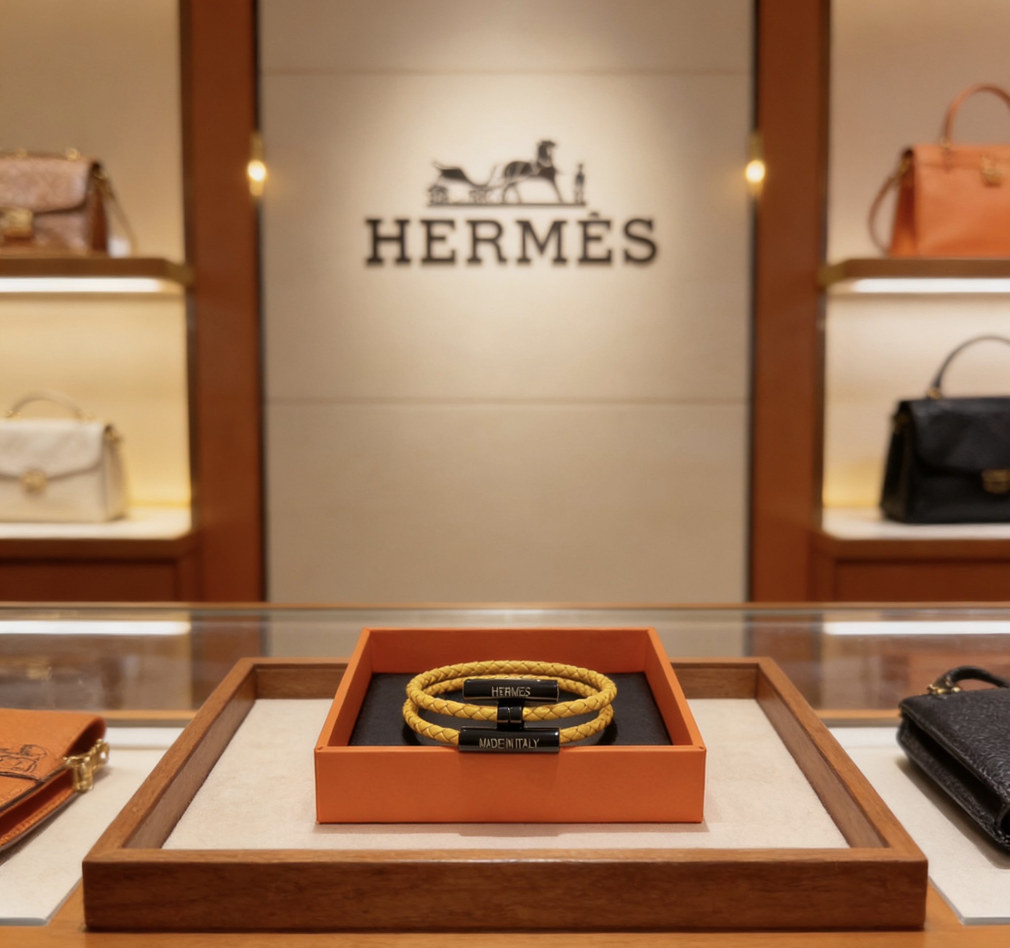 Bracciale Hermes Tournis Tresse Pelle intrecciata gialla con hardware nero 19 cm
