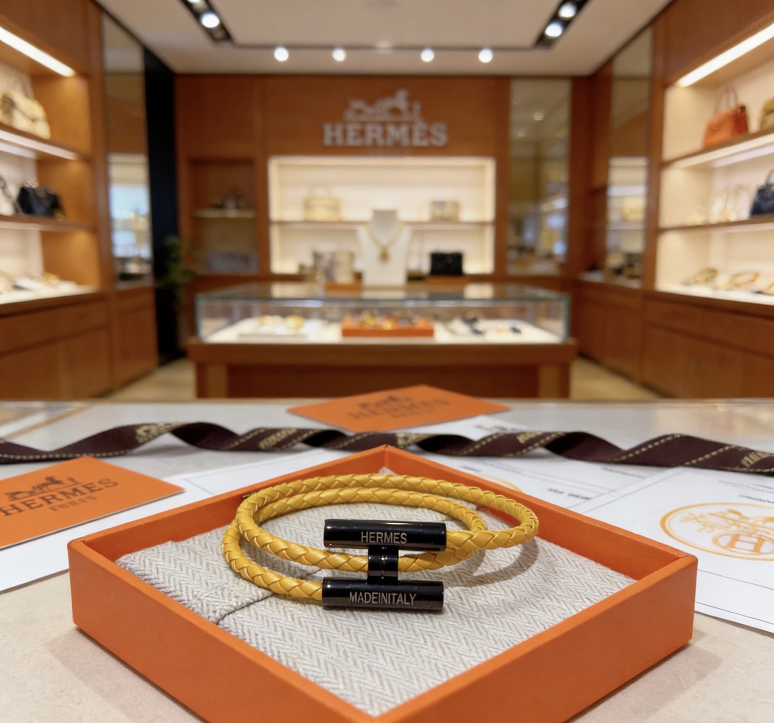 Bracciale Hermes Tournis Tresse Pelle intrecciata gialla con hardware nero 19 cm