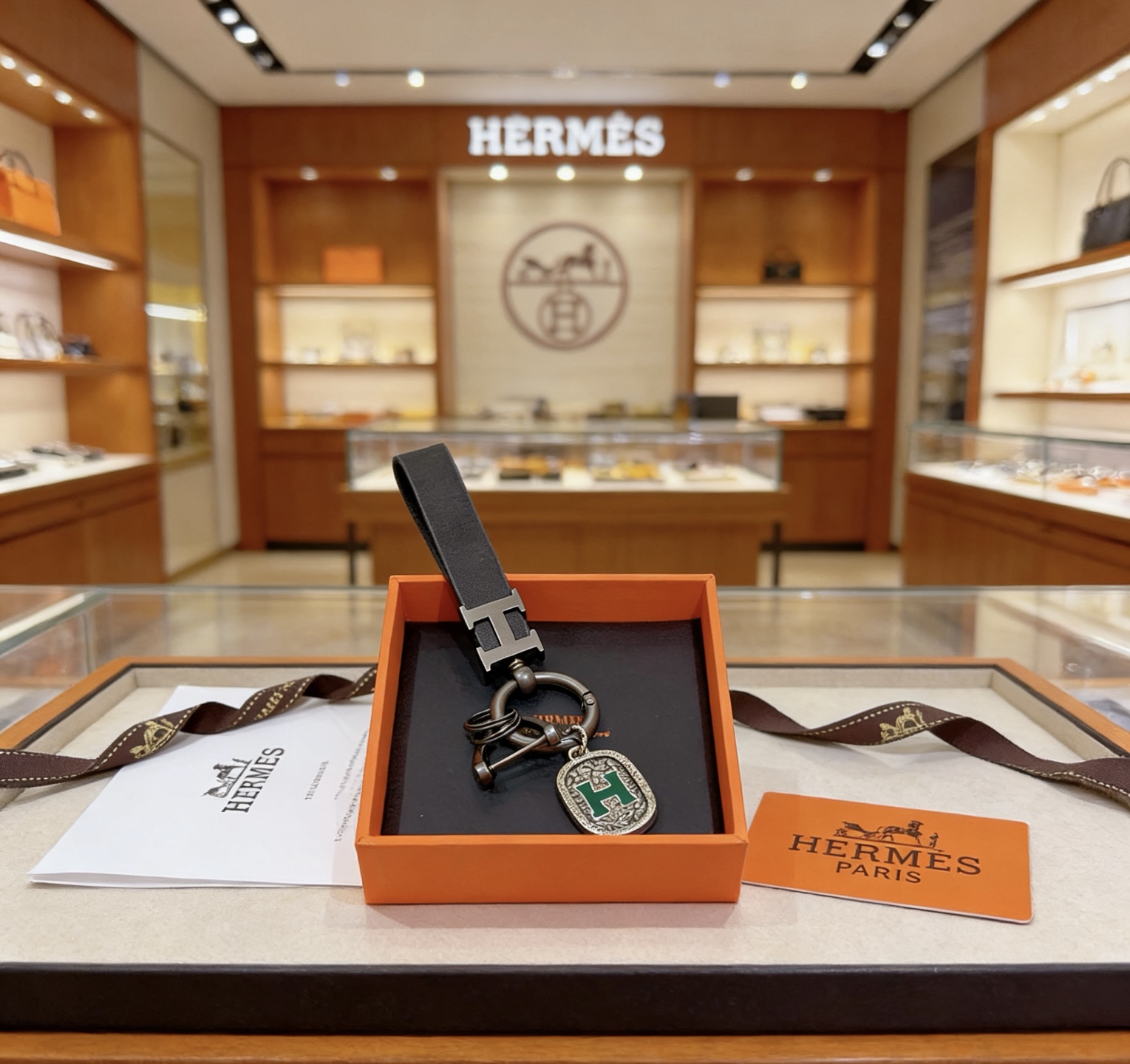 Ciondolo portachiavi con cinturino in pelle con logo Hermes H. Dettaglio H in metallo color argento canna di fucile, pelle nera, smalto verde, lunghezza totale 10 cm