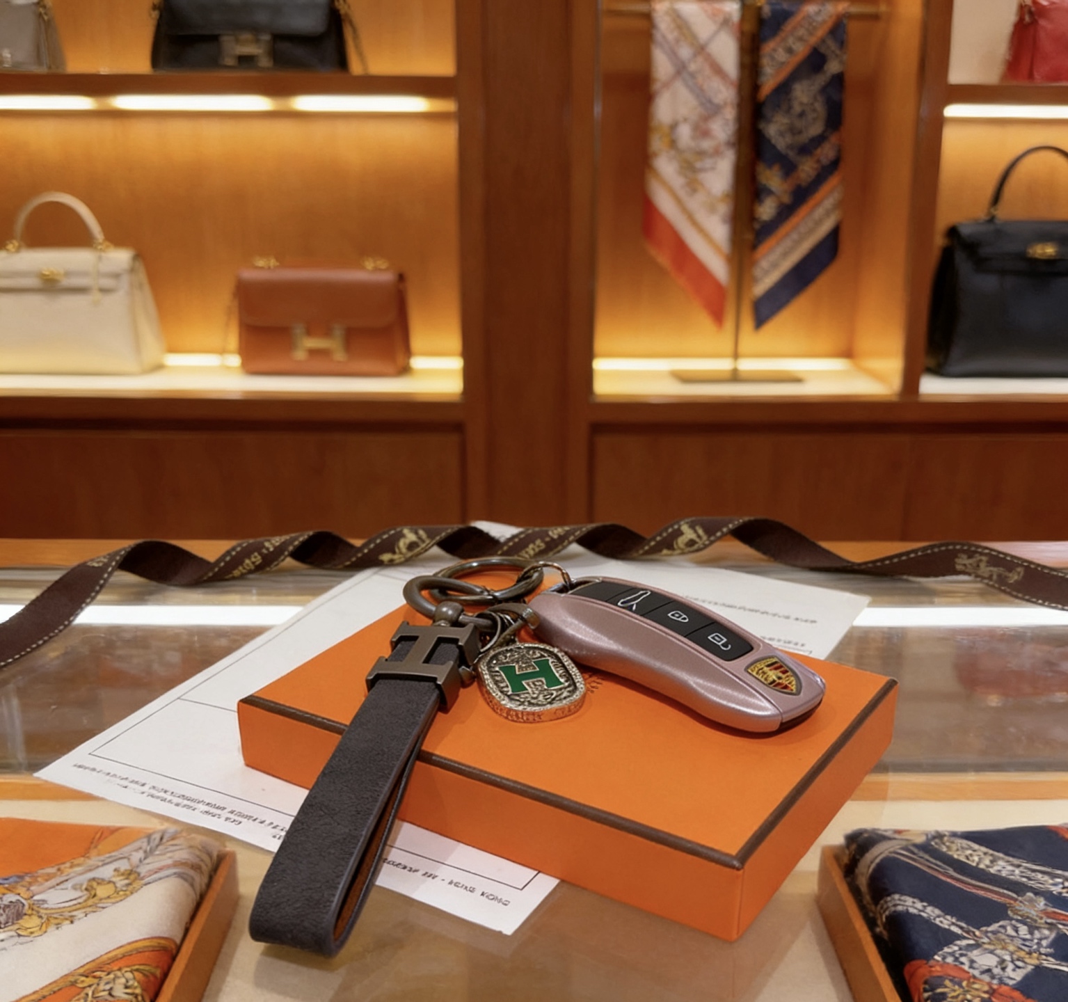 Ciondolo portachiavi con cinturino in pelle con logo Hermes H. Dettaglio H in metallo color argento canna di fucile, pelle nera, smalto verde, lunghezza totale 10 cm