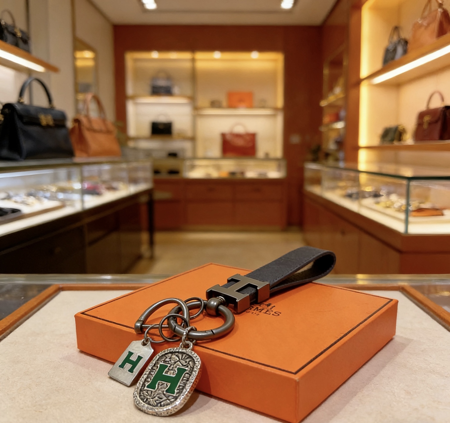 Ciondolo portachiavi con cinturino in pelle con logo Hermes H. Dettaglio H in metallo color argento canna di fucile, pelle nera, smalto verde, lunghezza totale 10 cm
