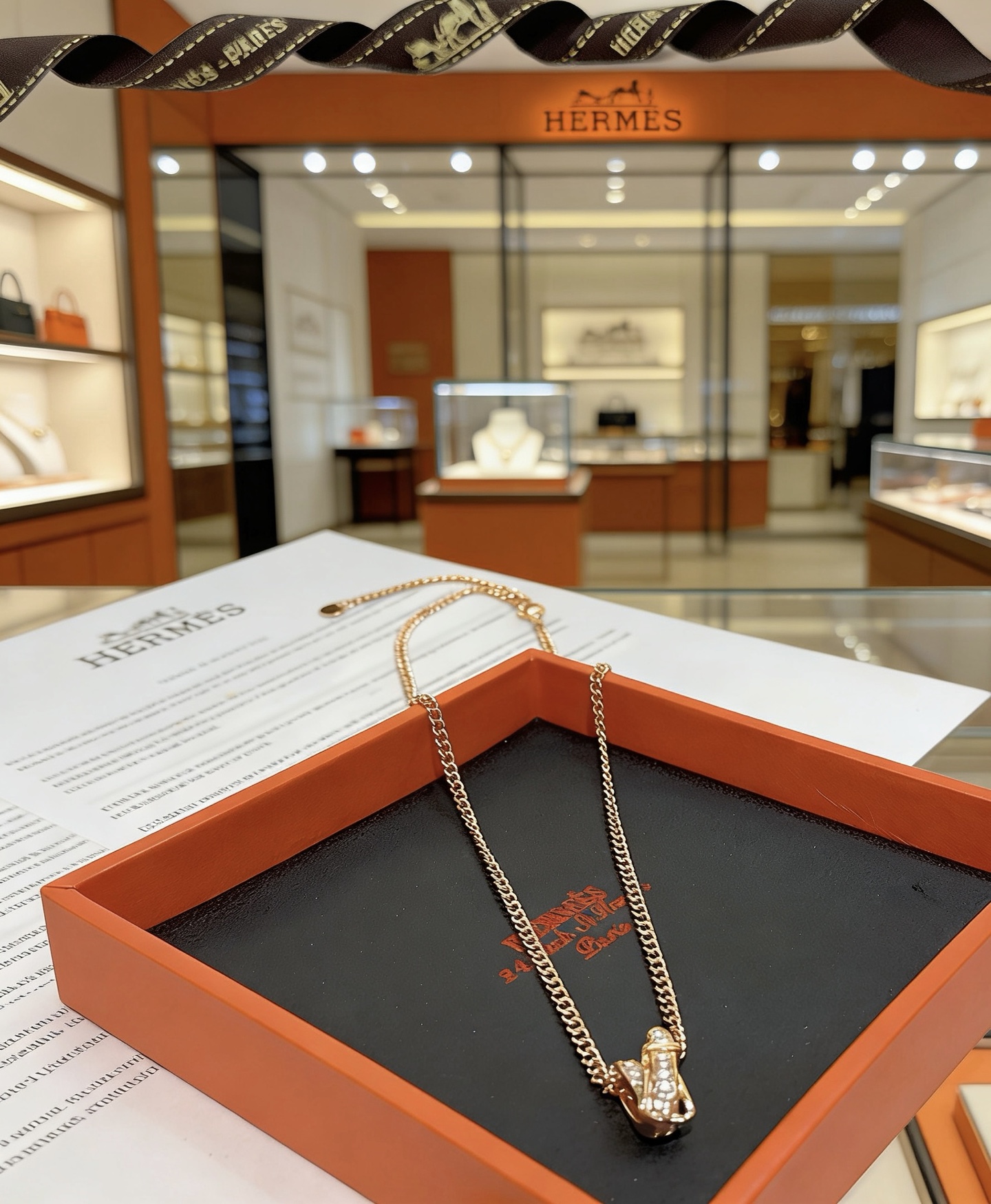 Collana Hermes H Series in metallo dorato con pietre trasparenti simili a diamanti 40 cm