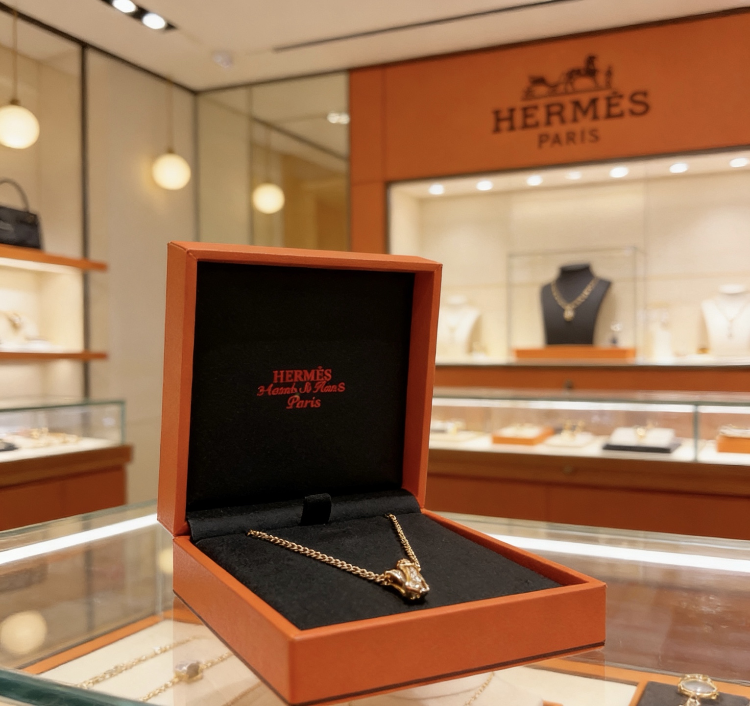 Collana Hermes H Series in metallo dorato con pietre trasparenti simili a diamanti 40 cm