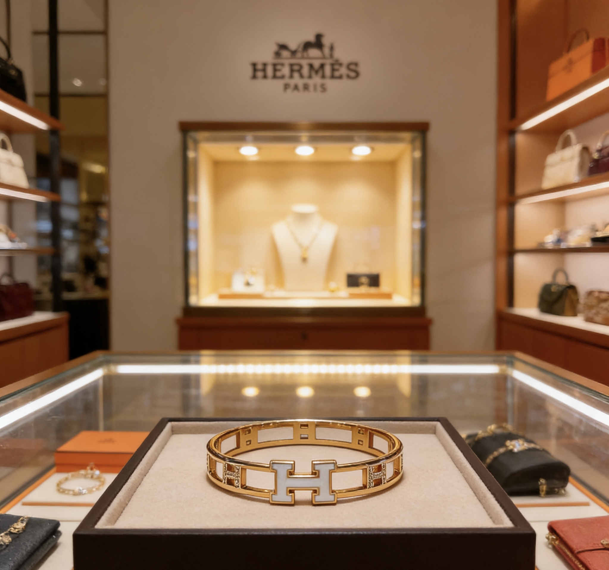 Bracciale Hermes Clic H in metallo color oro rosa con smalto bianco e accenti di diamanti trasparenti, circonferenza interna di 17 cm