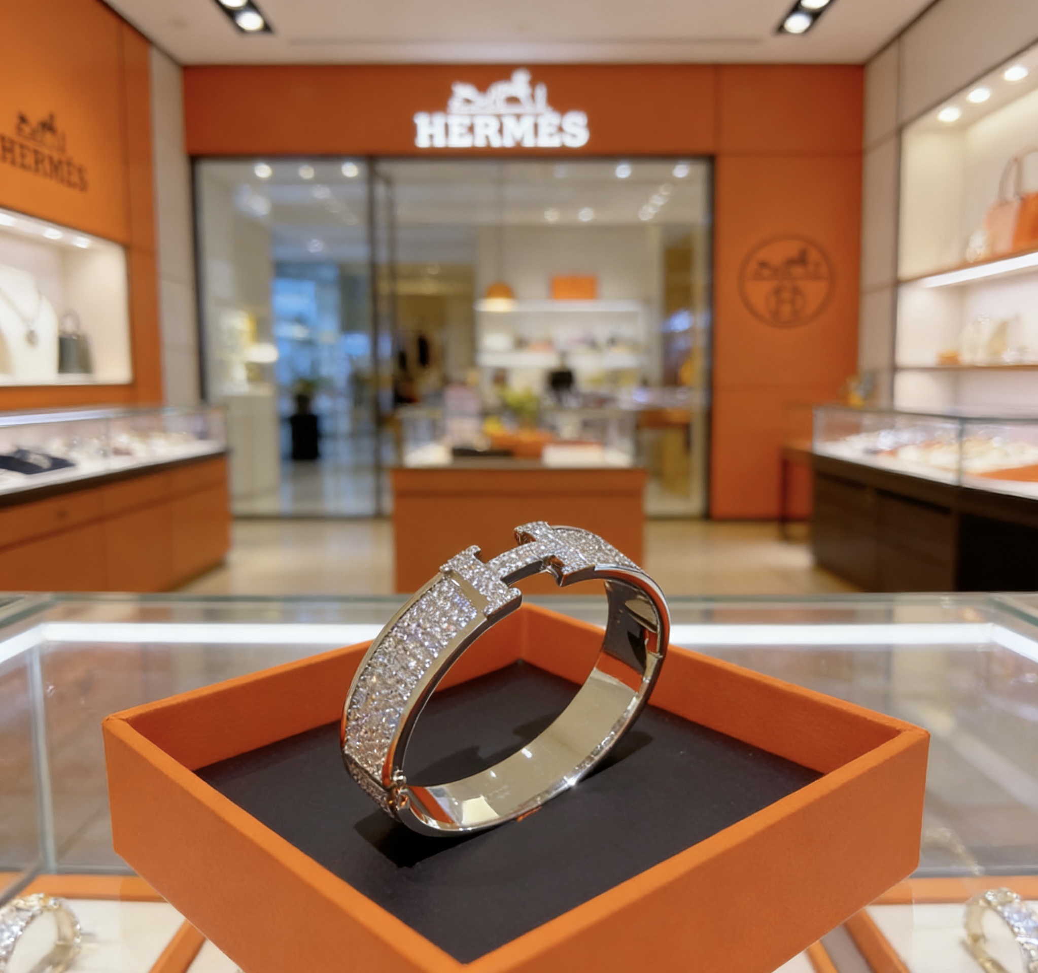 Bracciale Hermes Clic H in metallo argentato con diamanti trasparenti full-pave di 17 cm