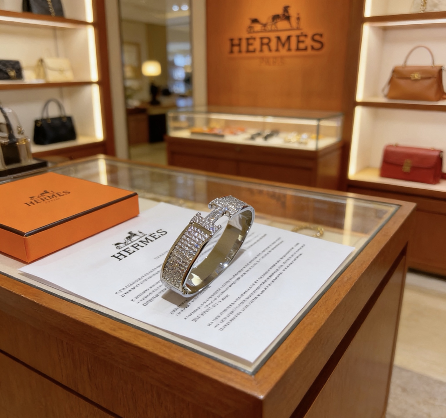 Bracciale Hermes Clic H in metallo argentato con diamanti trasparenti full-pave di 17 cm