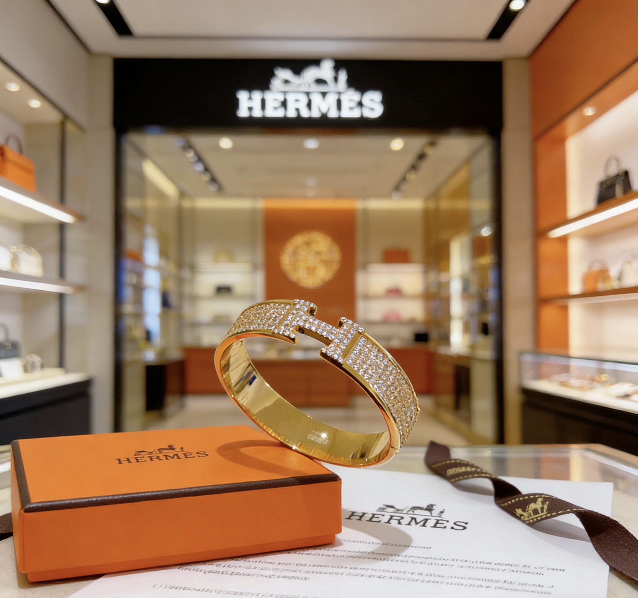 Bracciale Hermes Clic Clac H Full Pave Diamond Oro giallo con pavé di diamanti trasparenti, circonferenza interna di 17 cm