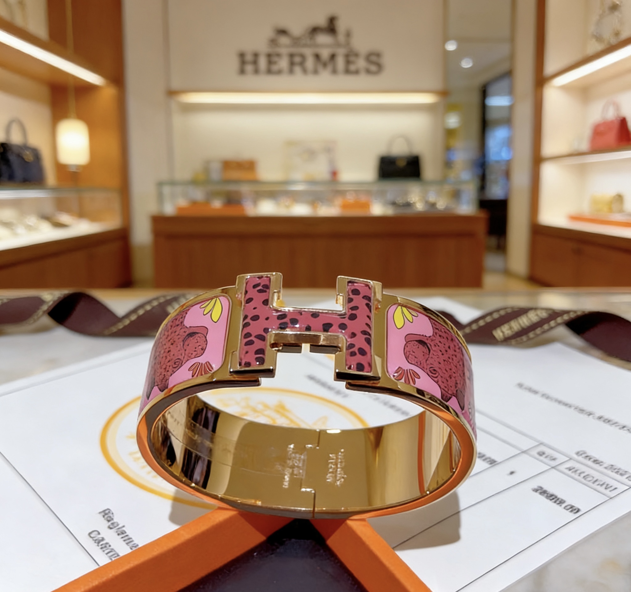 Bracciale Hermes Clic Clac H in metallo placcato oro con smalto rosa con stampa leopardata e accenti gialli da 20 mm