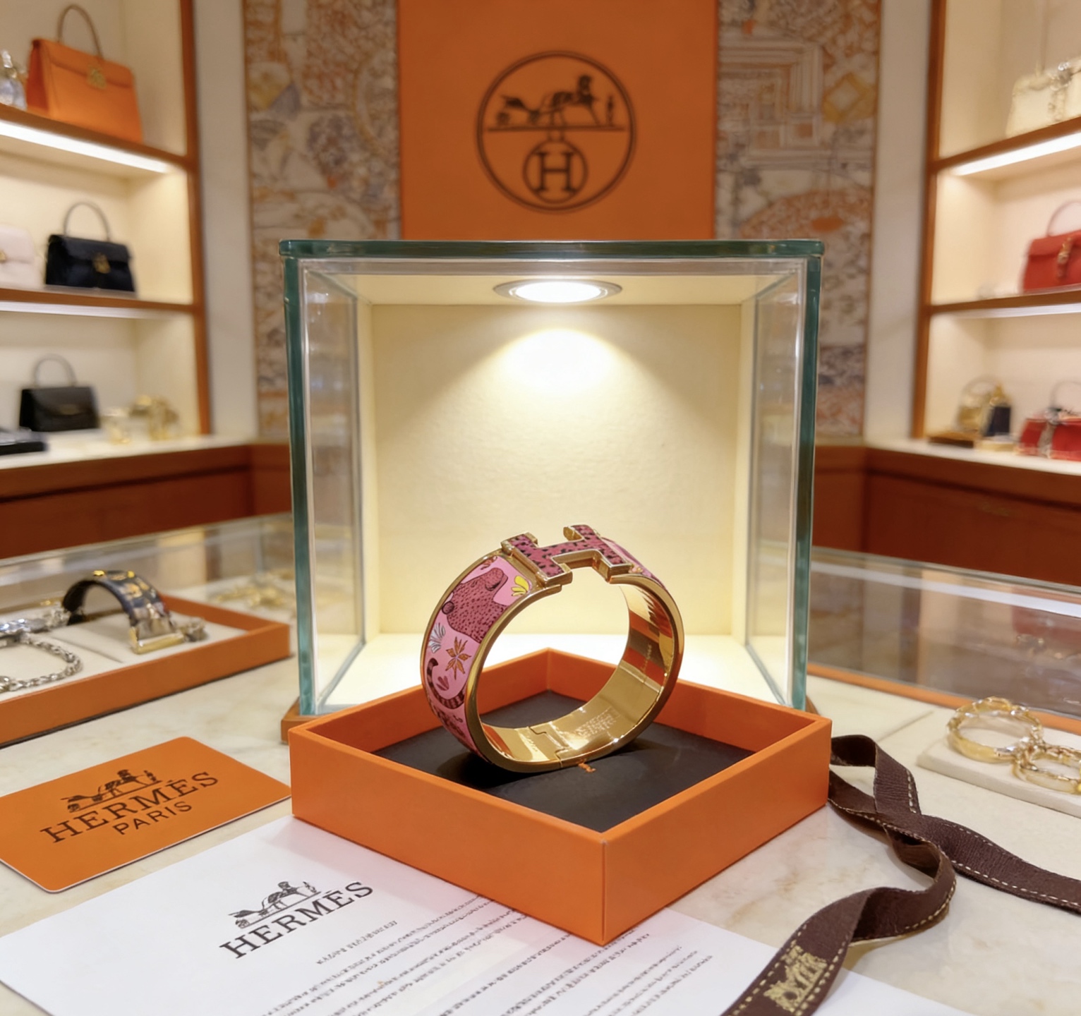 Bracciale Hermes Clic Clac H in metallo placcato oro con smalto rosa con stampa leopardata e accenti gialli da 20 mm