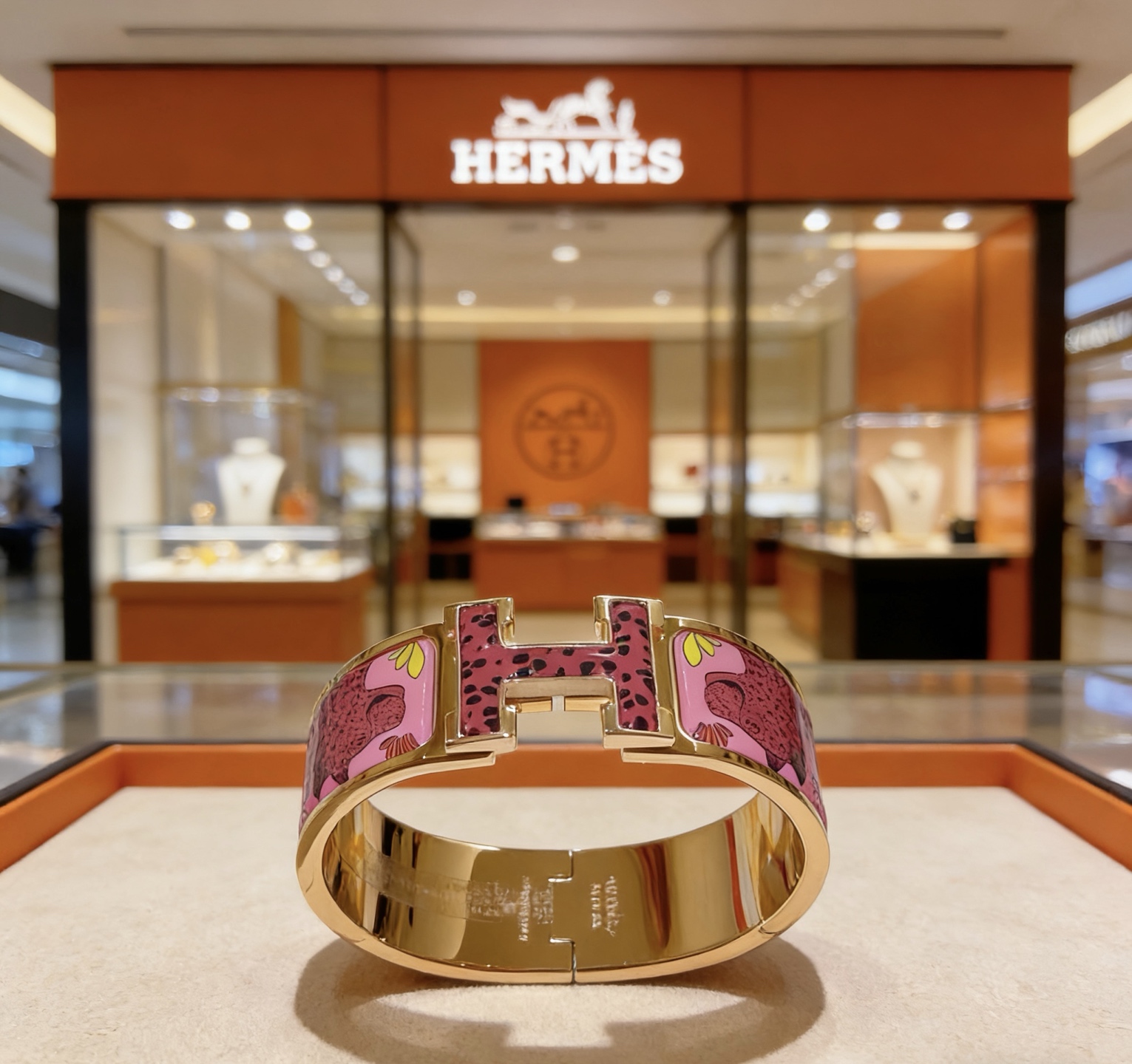 Bracciale Hermes Clic Clac H in metallo placcato oro con smalto rosa con stampa leopardata e accenti gialli da 20 mm