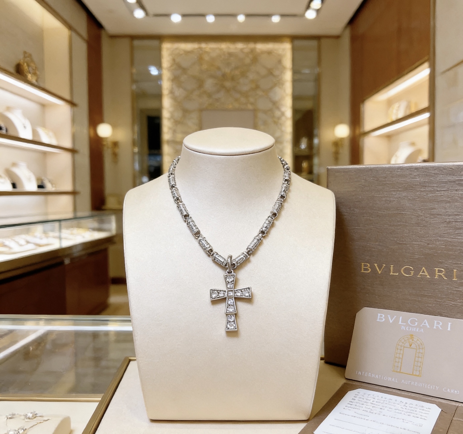 Bvlgari Serpenti Cross Pendant Necklace necklace 18K white gold with clear diamond pave 60cm