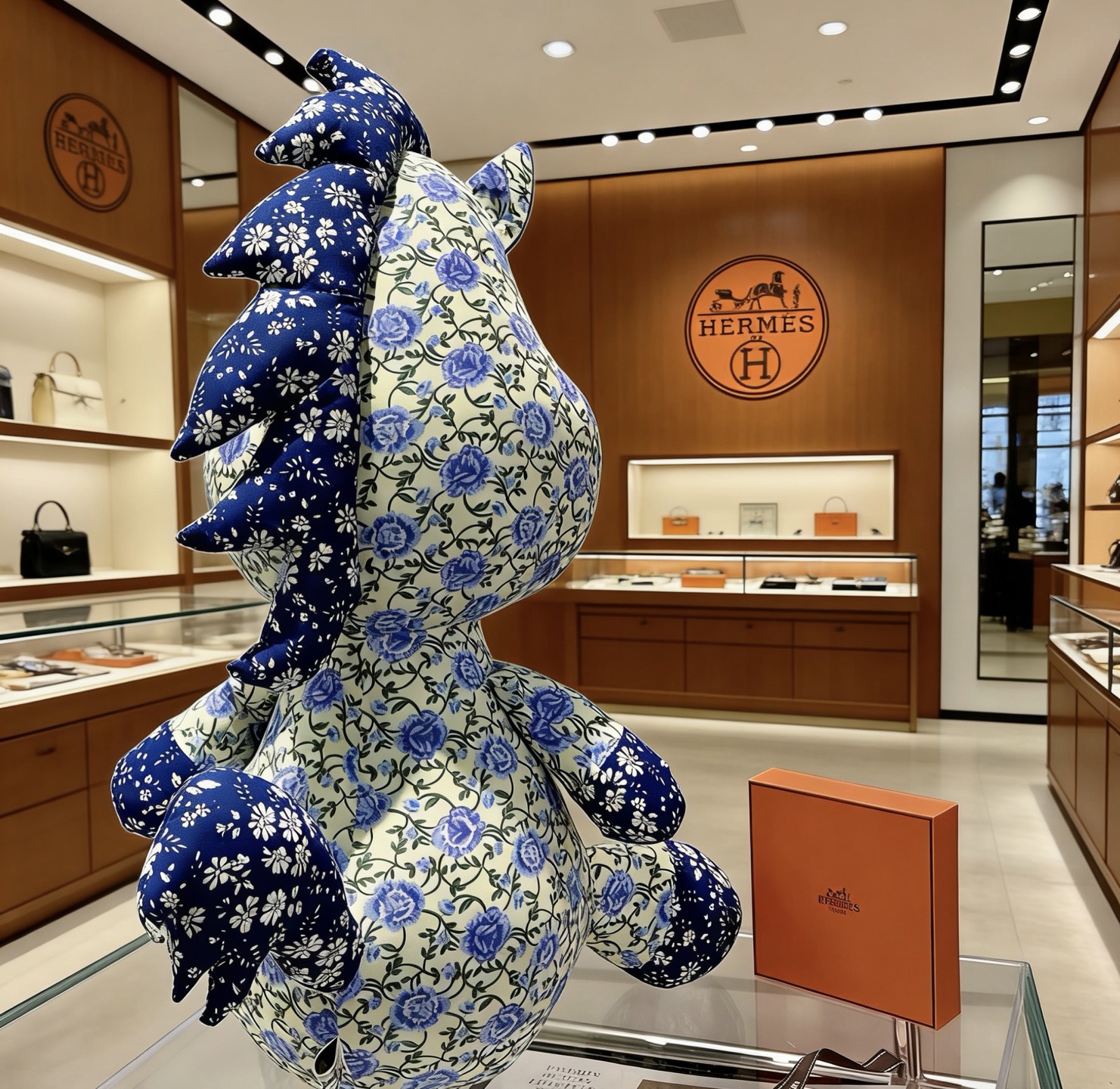 Hermes Ciondolo in peluche Hermes Horse Tessuto color crema con stampa floreale blu motivo ricchezza ricamato rosso e oro accenti floreali blu navy 45 cm
