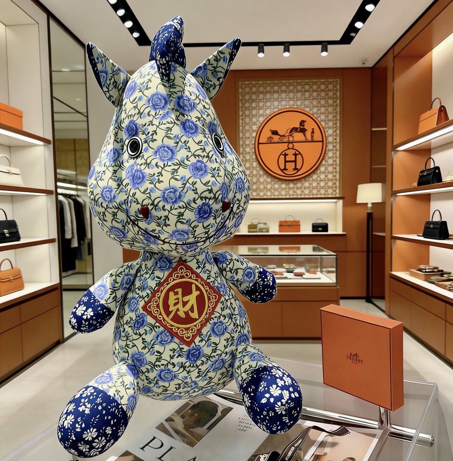 Hermes Ciondolo in peluche Hermes Horse Tessuto color crema con stampa floreale blu motivo ricchezza ricamato rosso e oro accenti floreali blu navy 45 cm