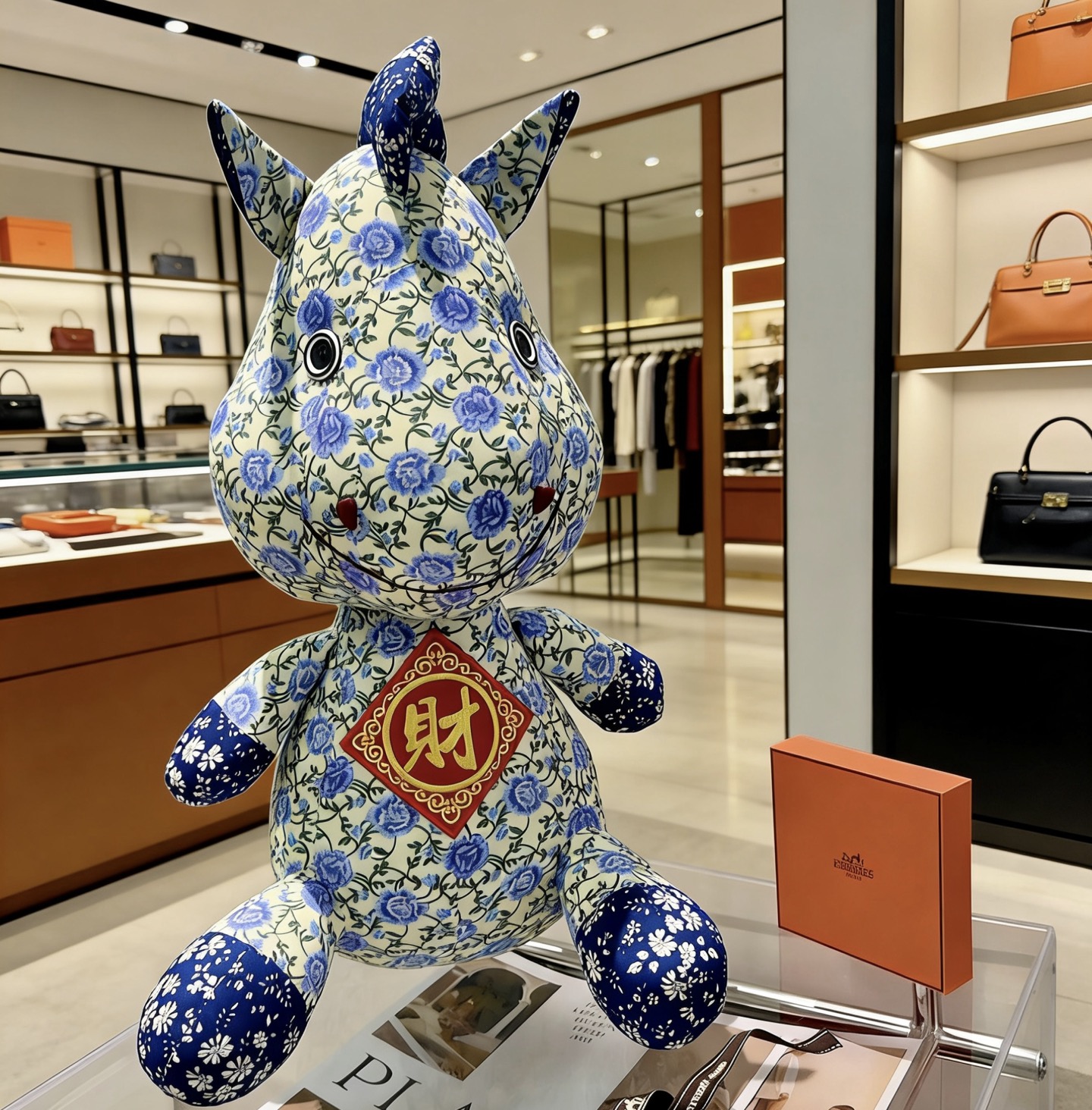 Hermes Ciondolo in peluche Hermes Horse Tessuto color crema con stampa floreale blu motivo ricchezza ricamato rosso e oro accenti floreali blu navy 45 cm