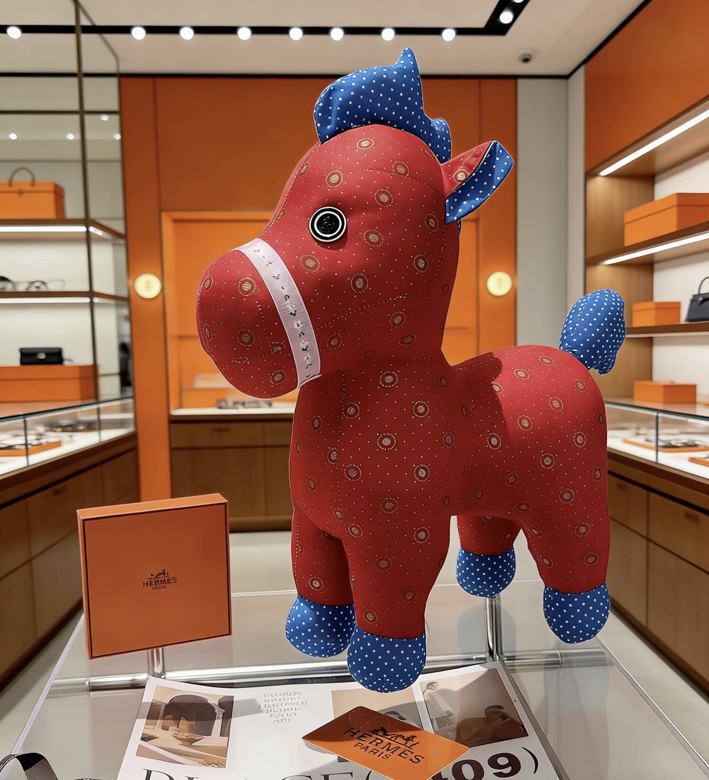 Spilla Hermes Hermy Plush Horse Corpo in tessuto rosso con accenti in tessuto a pois blu finiture decorative bianche dettagli occhi neri 35 cm