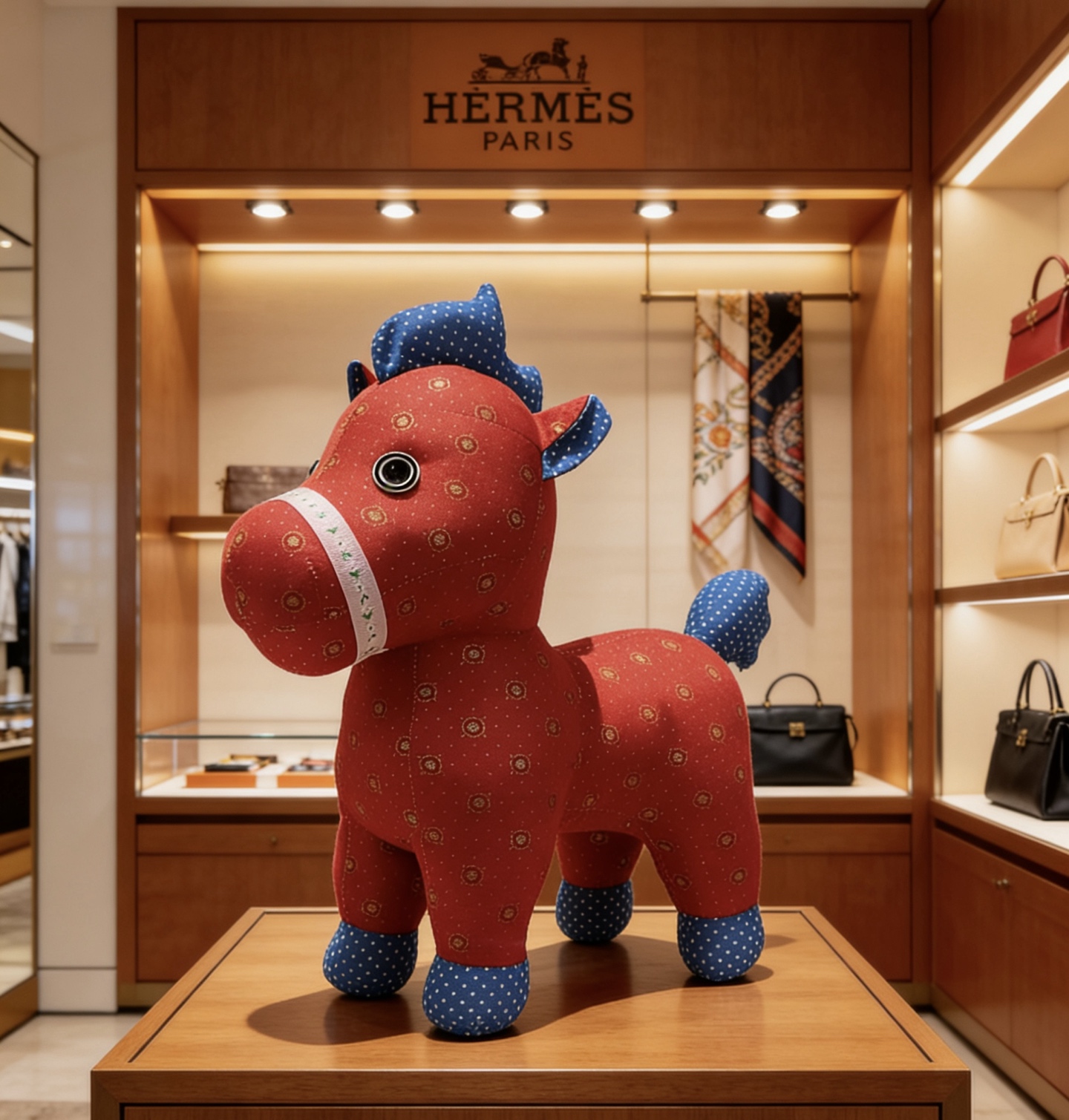 Spilla Hermes Hermy Plush Horse Corpo in tessuto rosso con accenti in tessuto a pois blu finiture decorative bianche dettagli occhi neri 35 cm