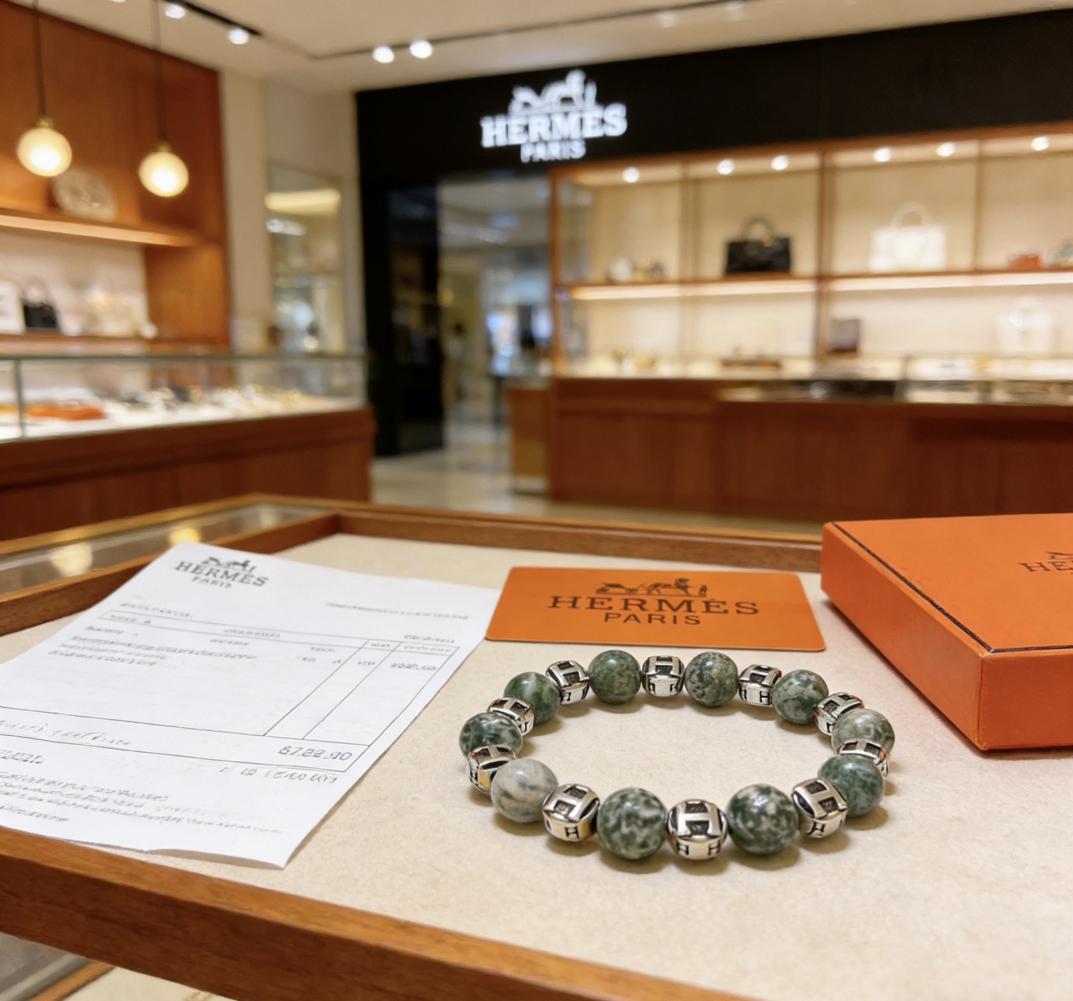 Bracciale Hermes Anger Forest in metallo argentato con perle di pietra naturale maculata verde 18 cm