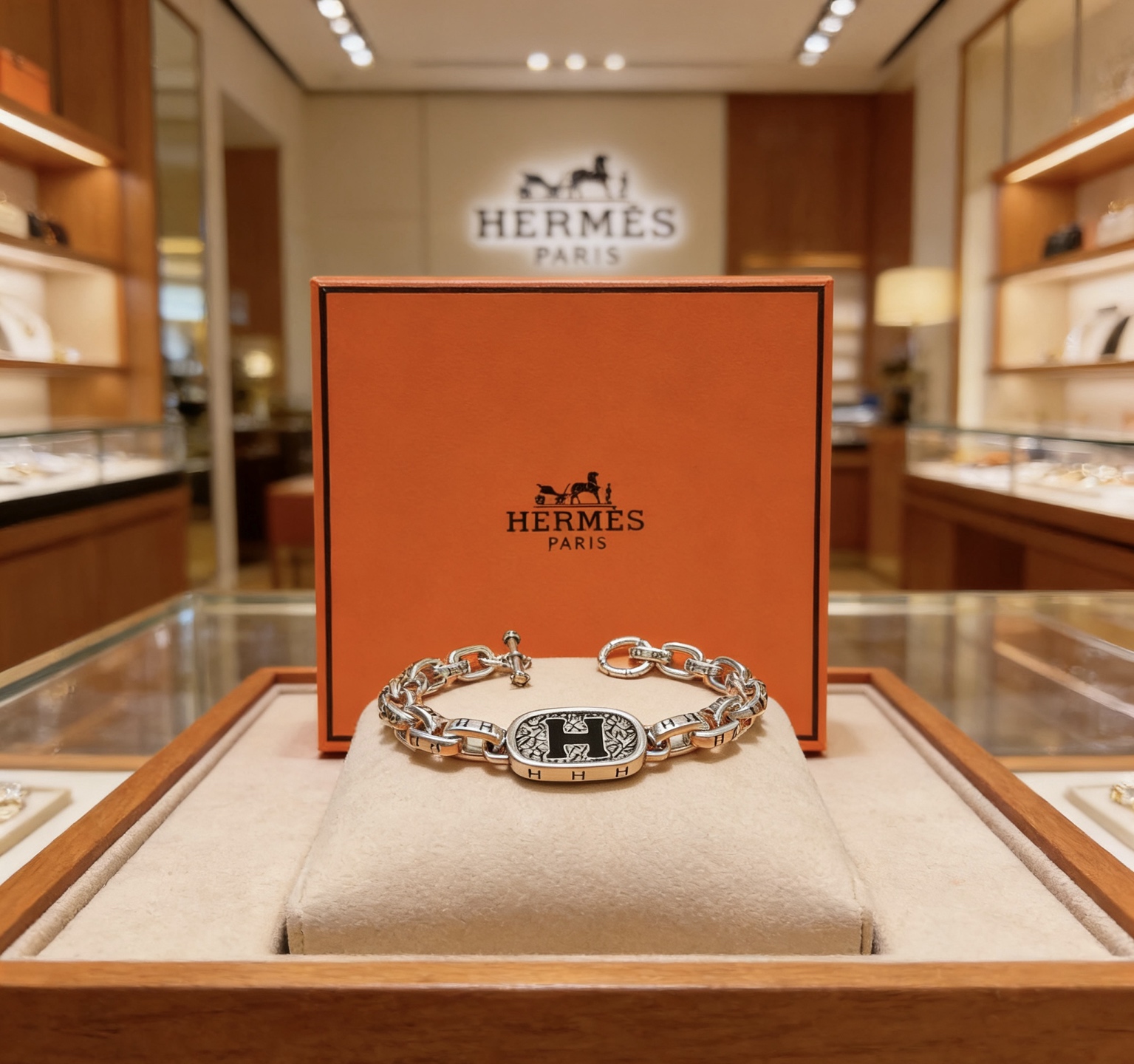 Bracciale Hermes H Logo Chain Bracciale Metallo color argento con dettaglio H smaltato nero 19 cm