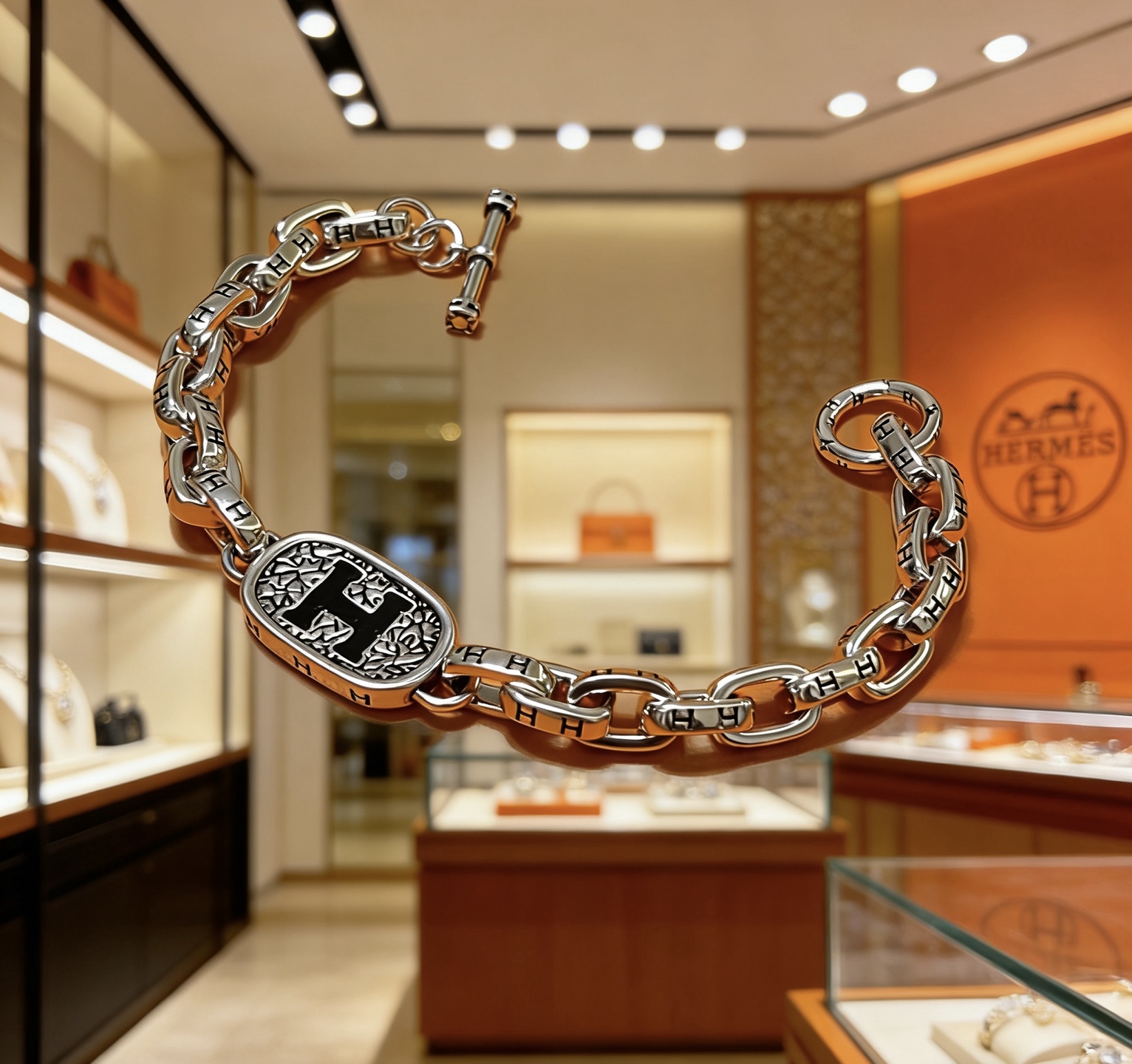 Bracciale Hermes H Logo Chain Bracciale Metallo color argento con dettaglio H smaltato nero 19 cm