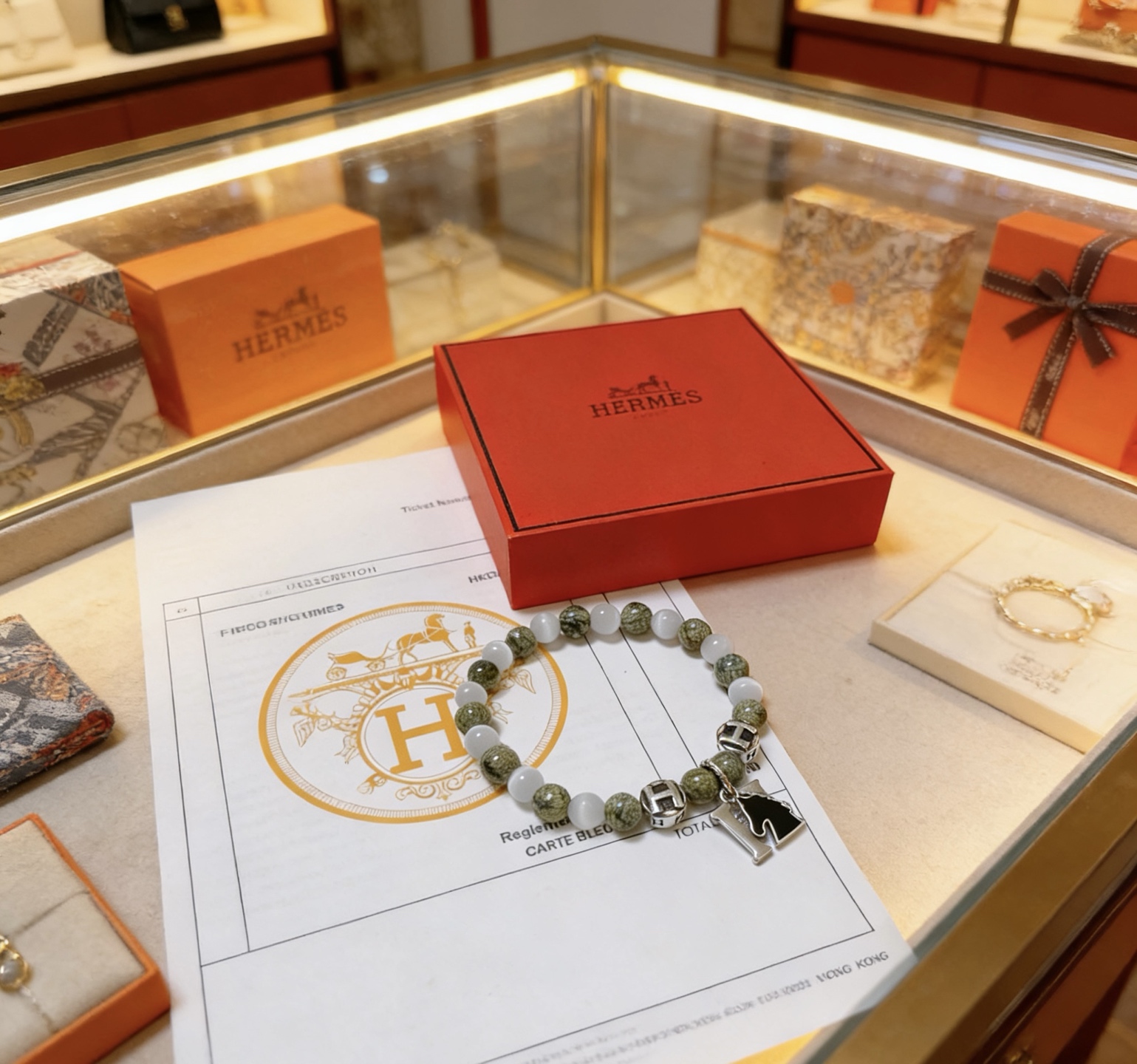 Bracciale Hermes Anger Forest metallo tono argento serpentino verde calcedonio bianco smalto nero 18 cm