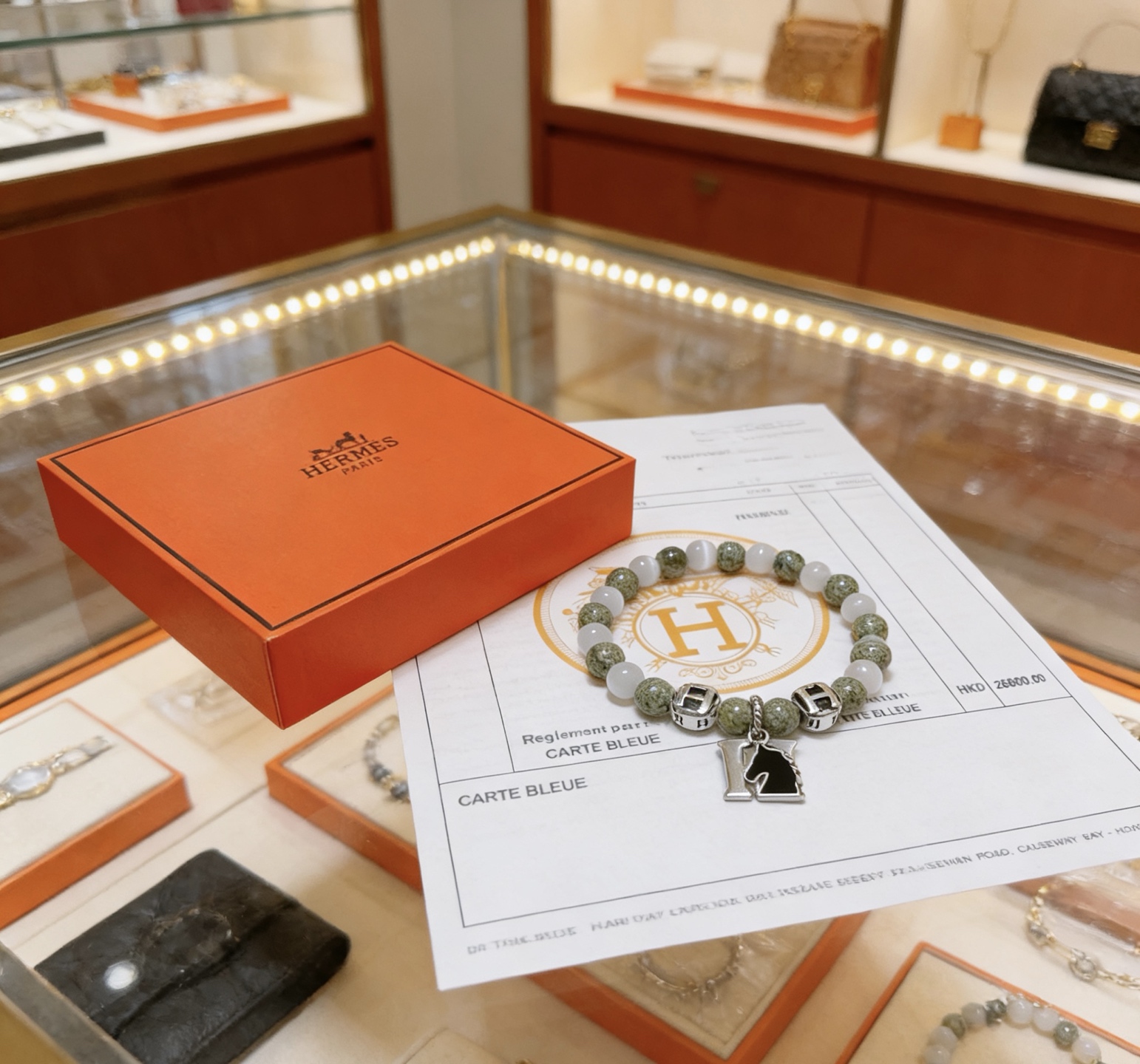 Bracciale Hermes Anger Forest metallo tono argento serpentino verde calcedonio bianco smalto nero 18 cm