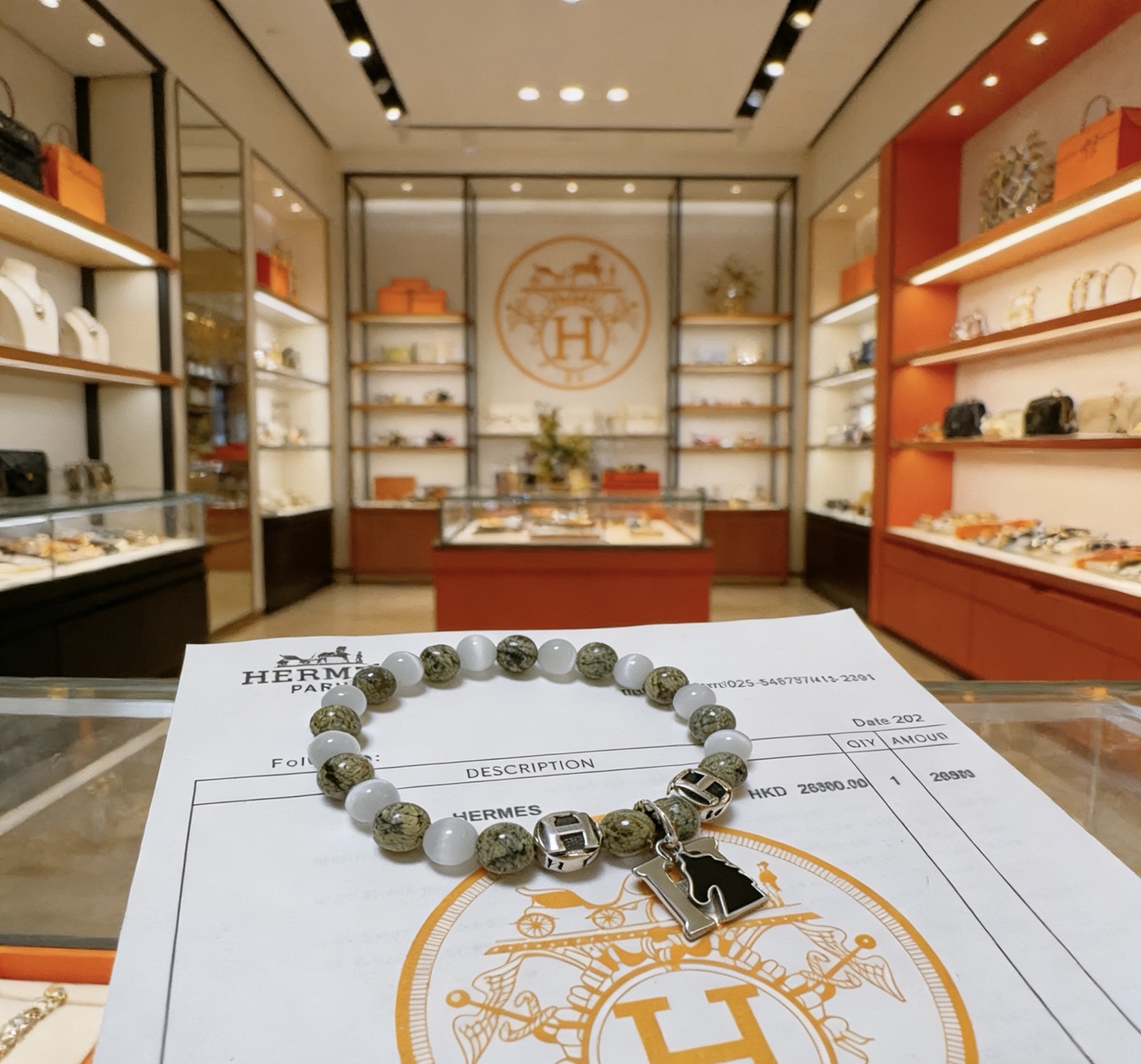 Bracciale Hermes Anger Forest metallo tono argento serpentino verde calcedonio bianco smalto nero 18 cm