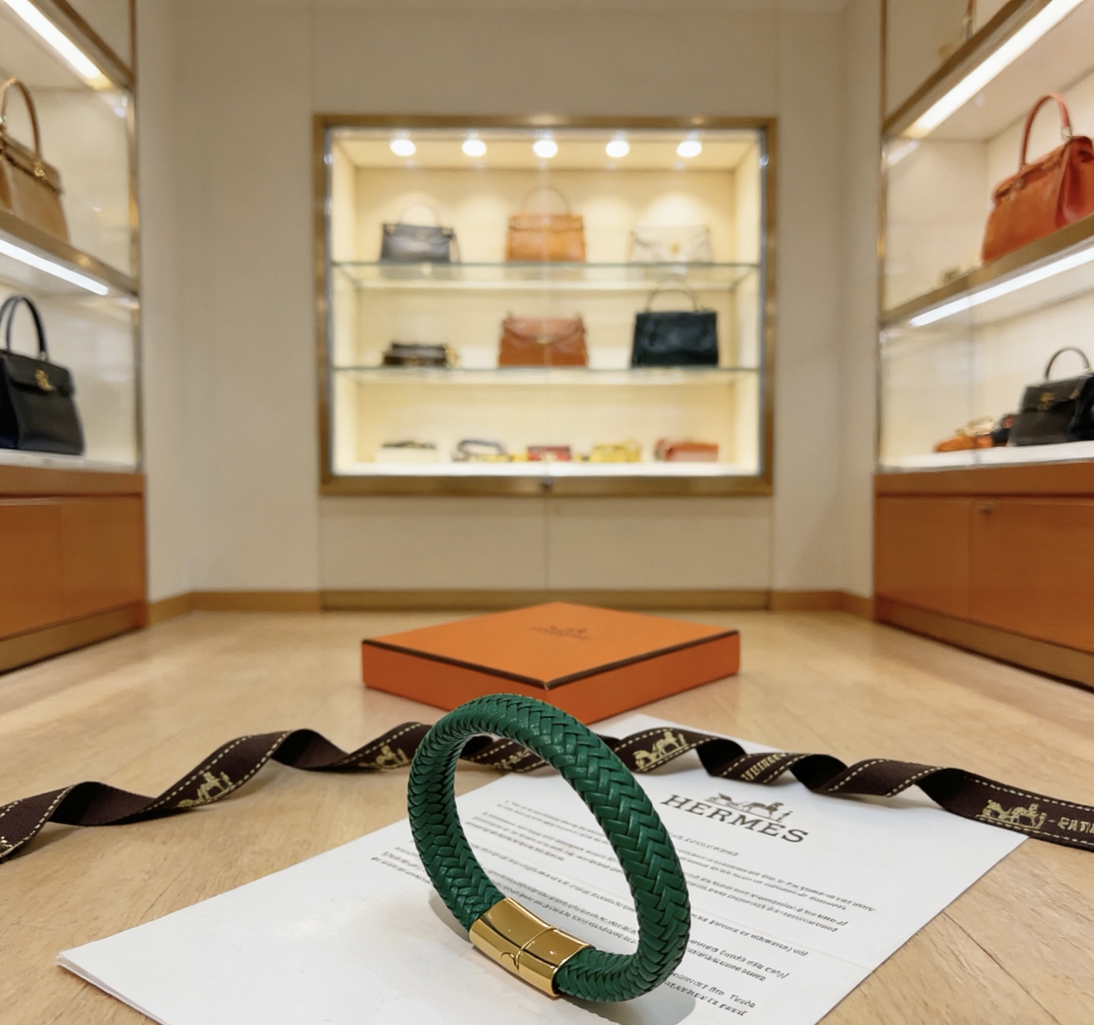 Bracciale Hermes New H Braided Leather Bracciale Pelle intrecciata verde con chiusura in metallo color oro 19 cm