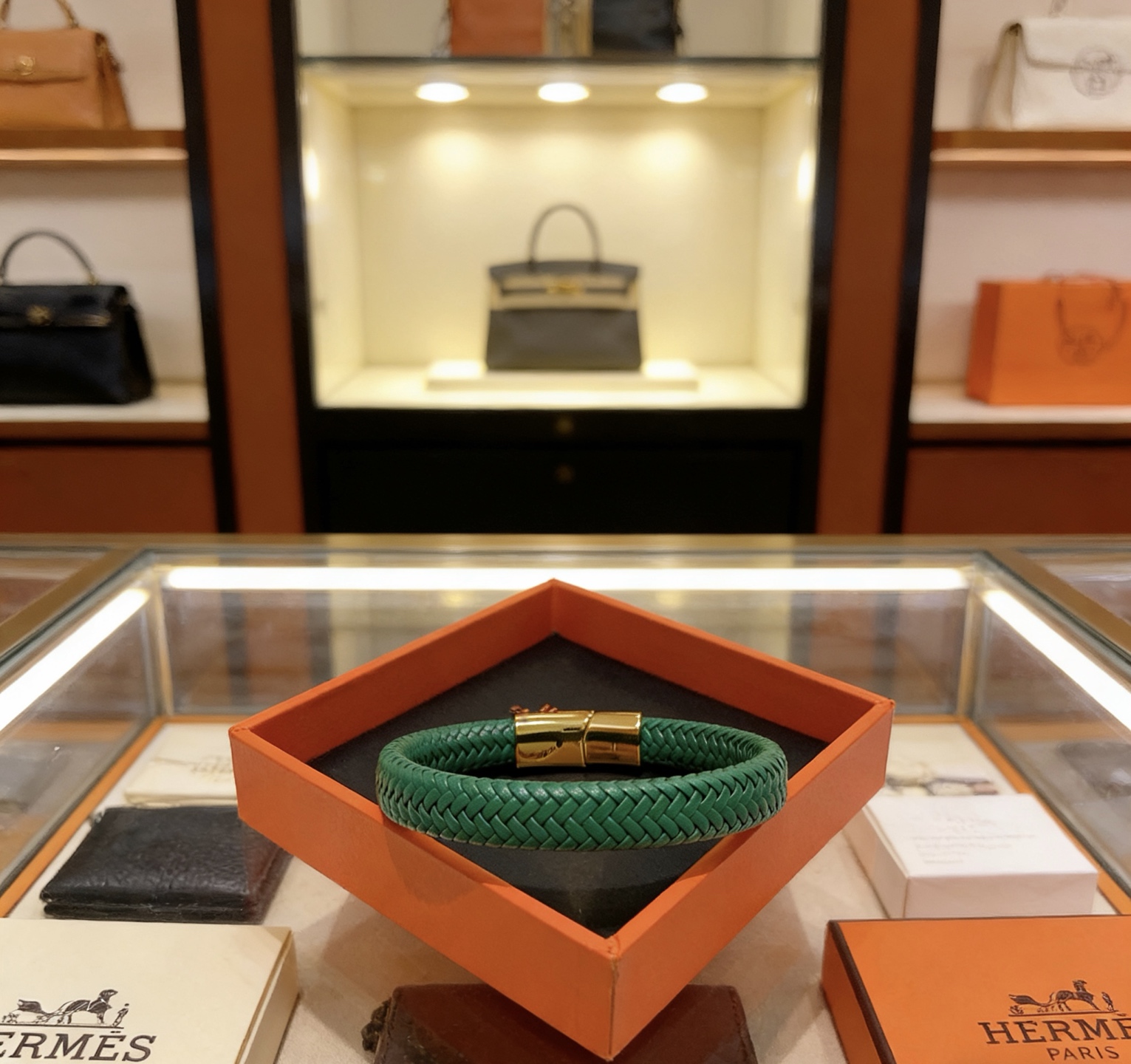 Bracciale Hermes New H Braided Leather Bracciale Pelle intrecciata verde con chiusura in metallo color oro 19 cm