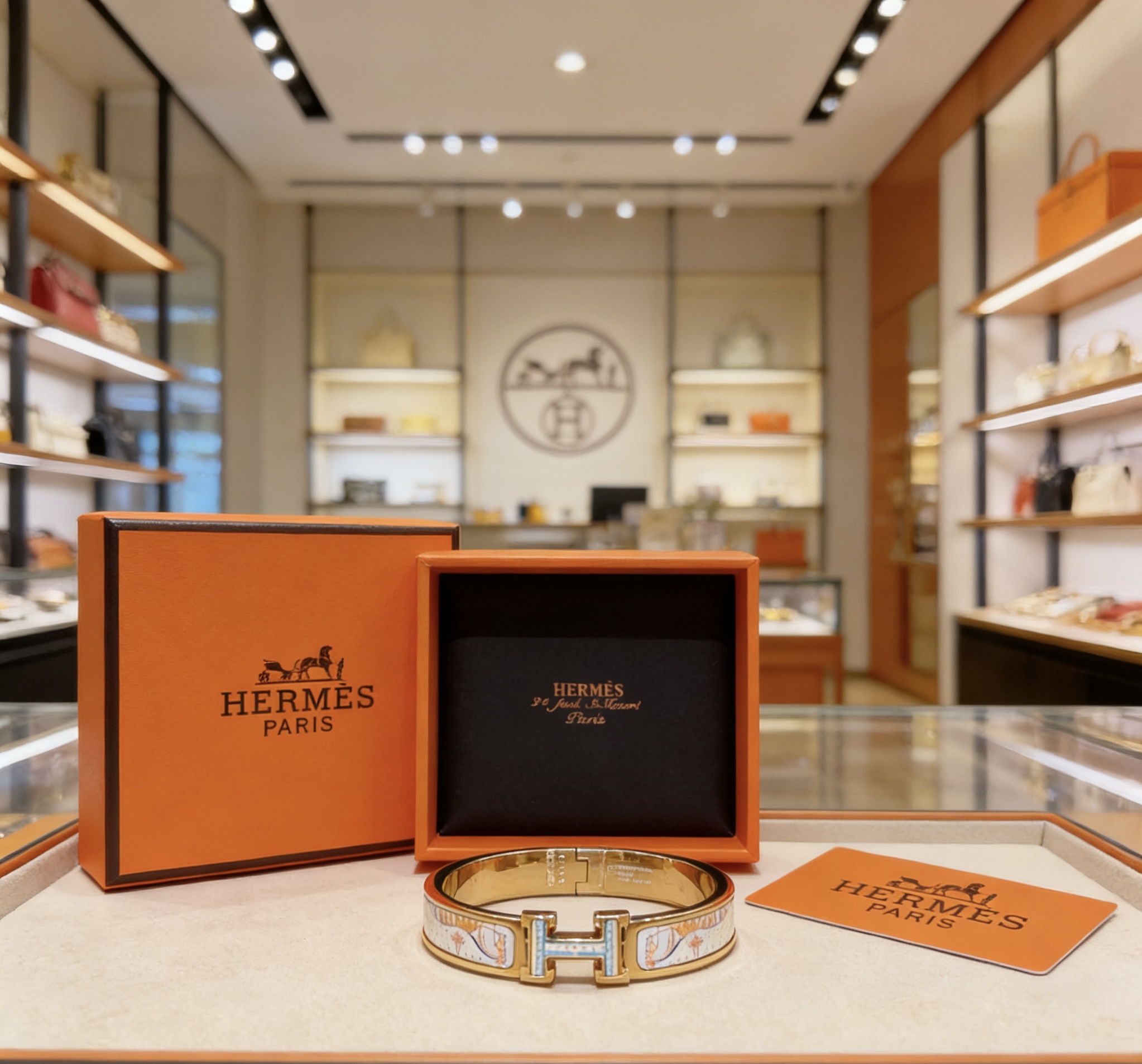 Bracciale Hermes Clic H in metallo oro rosa con smalto stampato multicolor pastello 17 cm