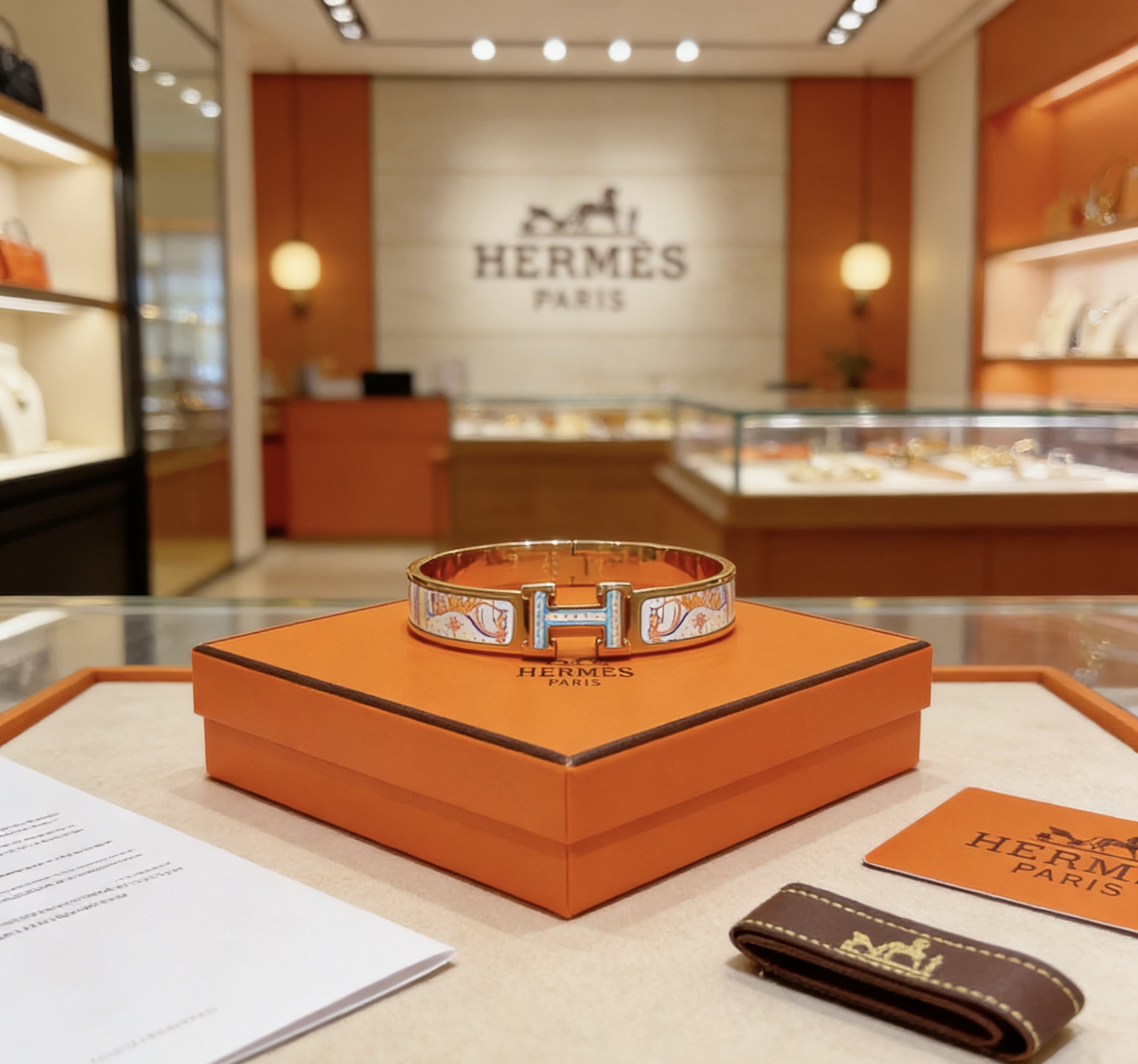 Bracciale Hermes Clic H in metallo oro rosa con smalto stampato multicolor pastello 17 cm
