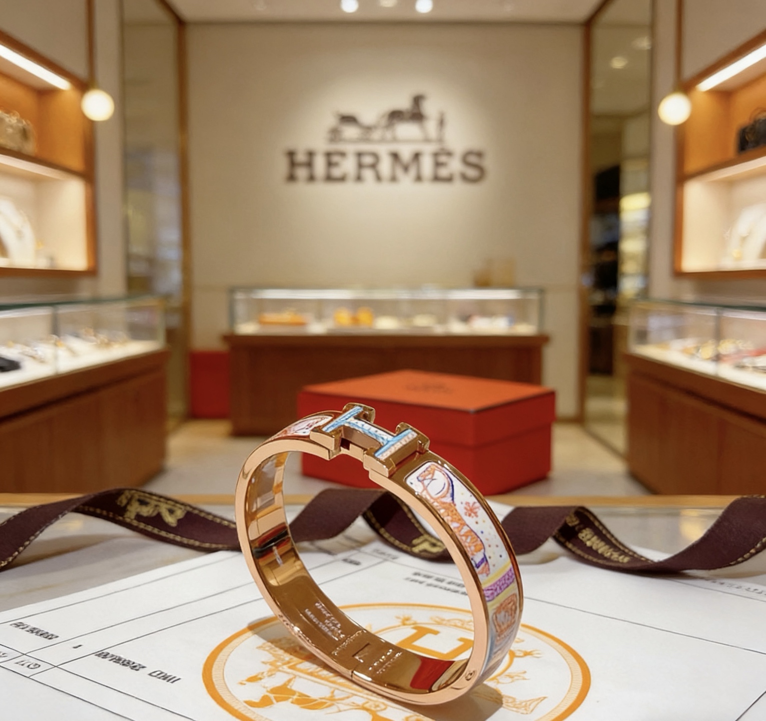 Bracciale Hermes Clic H in metallo oro rosa con smalto stampato multicolor pastello 17 cm