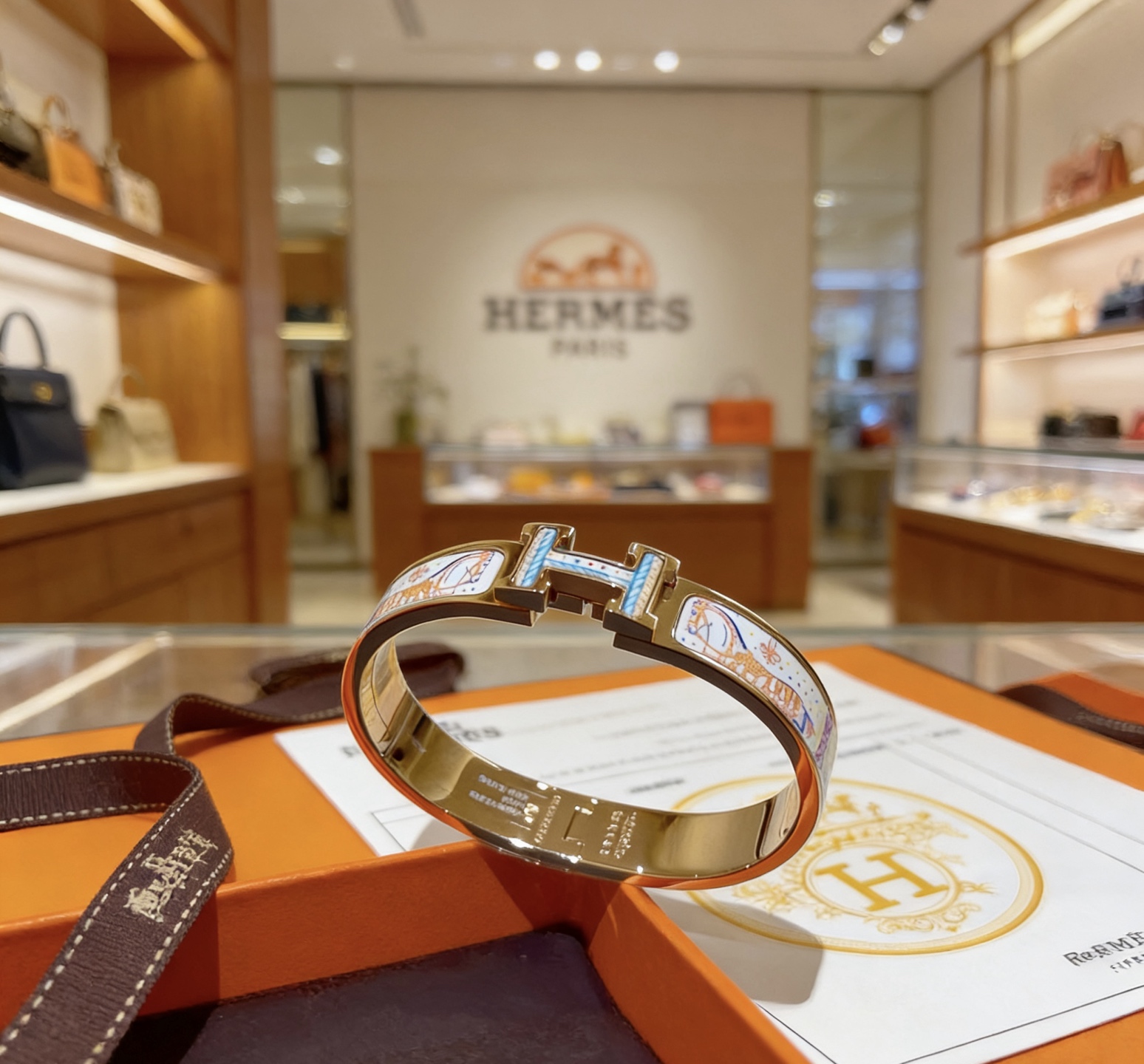 Bracciale Hermes Clic H in metallo oro rosa con smalto stampato multicolor pastello 17 cm