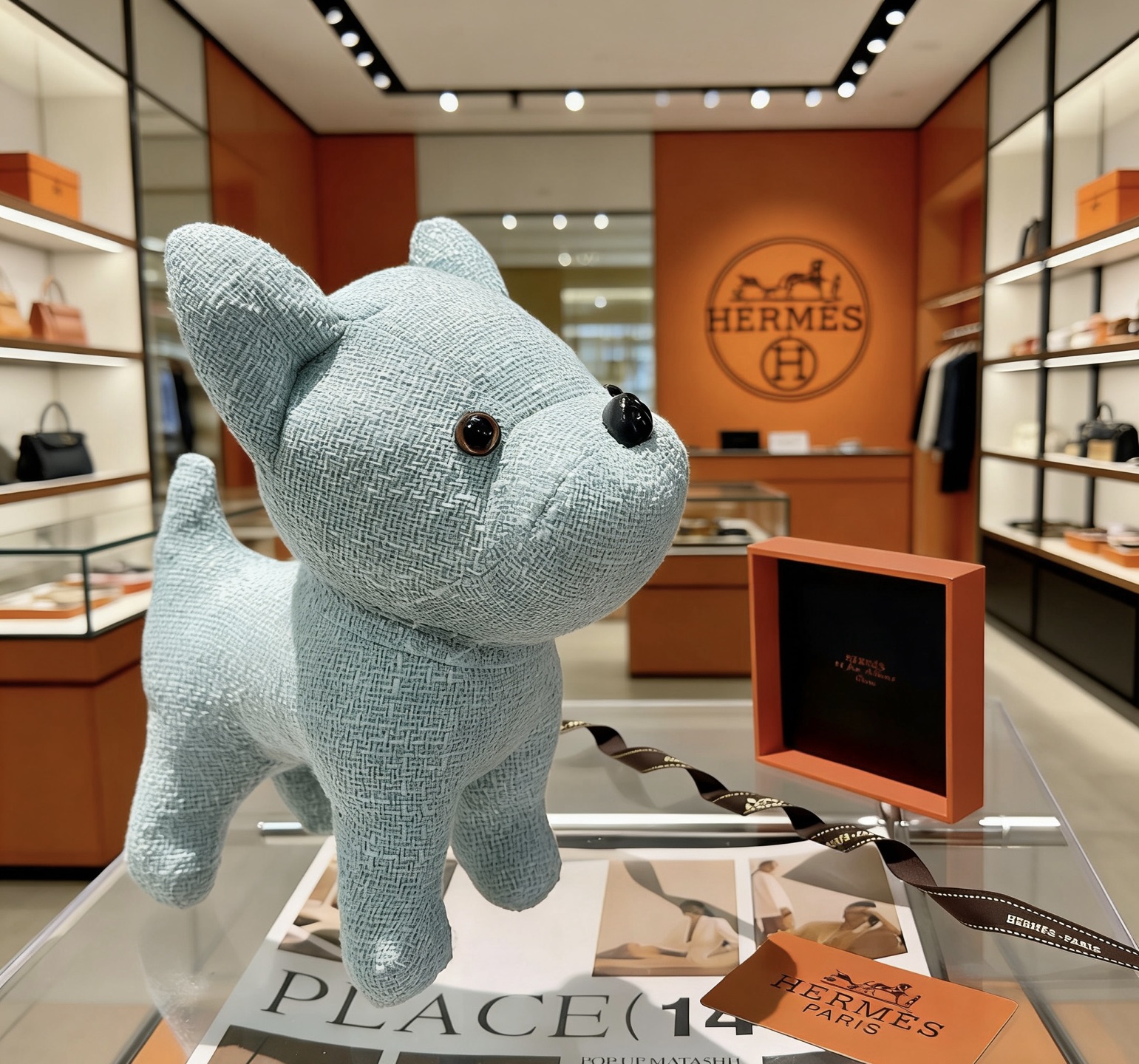 Pendentif Hermes Buddy French Bulldog Plush Charm Tissu texturé bleu clair avec yeux en plastique noir et marron nez en plastique noir 28cm