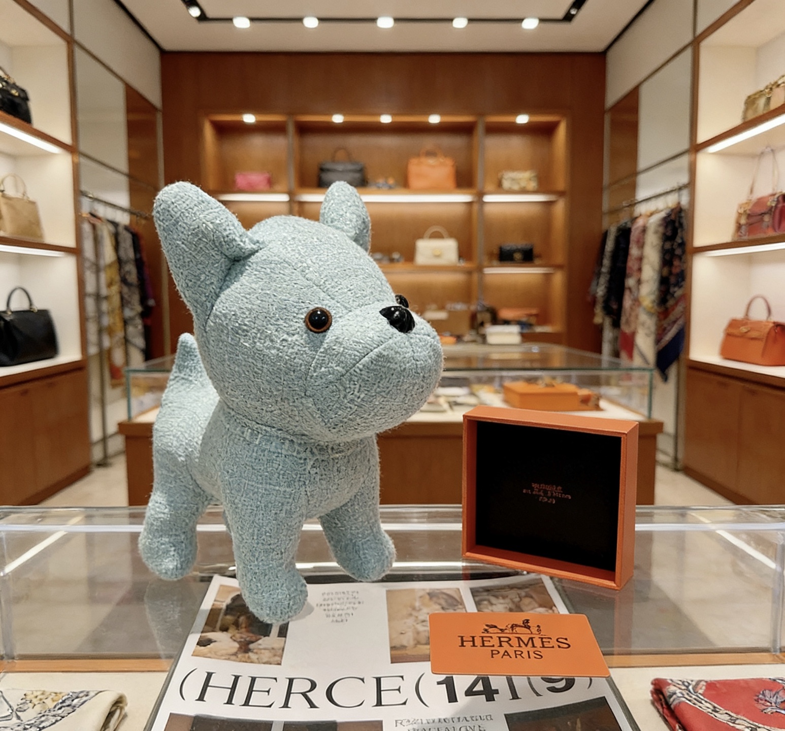 Pendentif Hermes Buddy French Bulldog Plush Charm Tissu texturé bleu clair avec yeux en plastique noir et marron nez en plastique noir 28cm