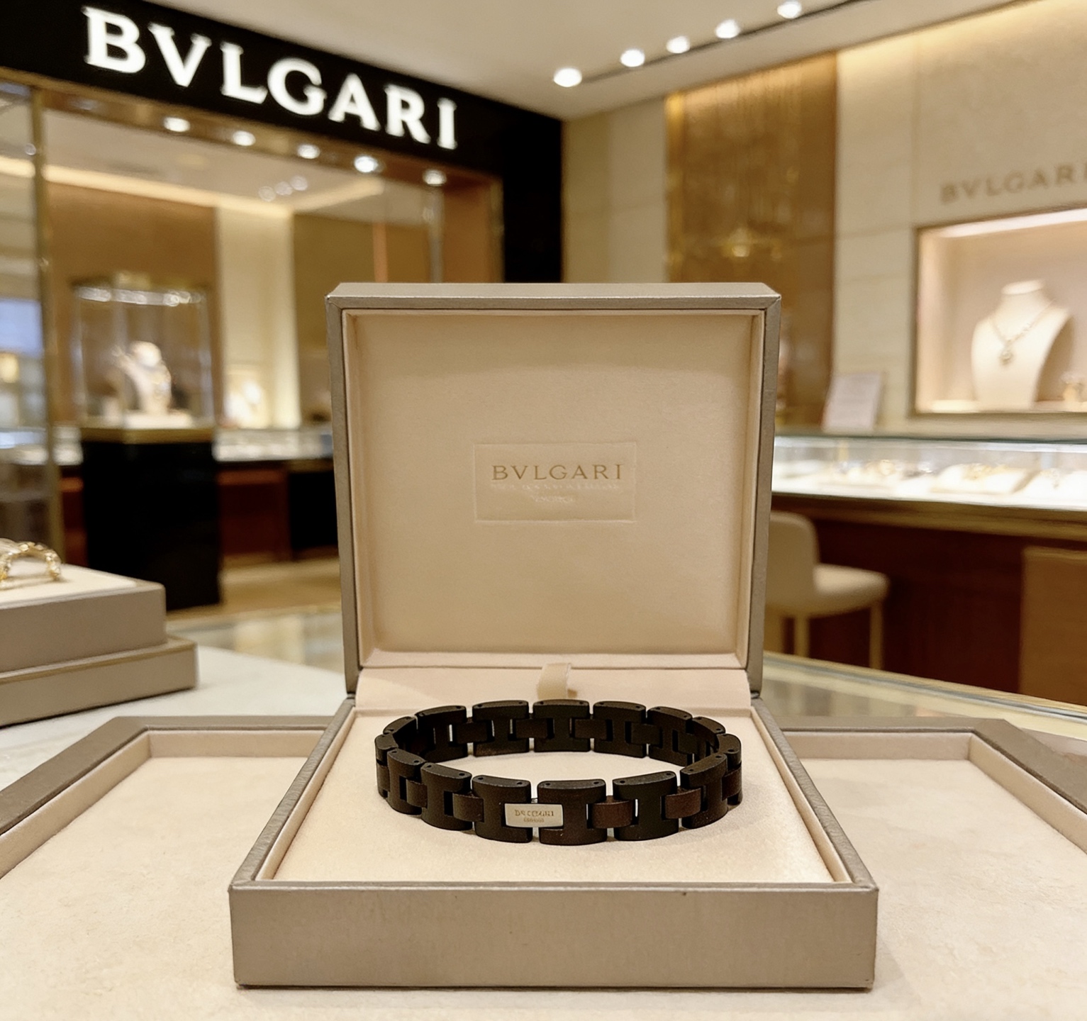 Bvlgari BVLGARIBVLGARI bracelet matte dark brown wood with silver-tone metal clasp 19cm