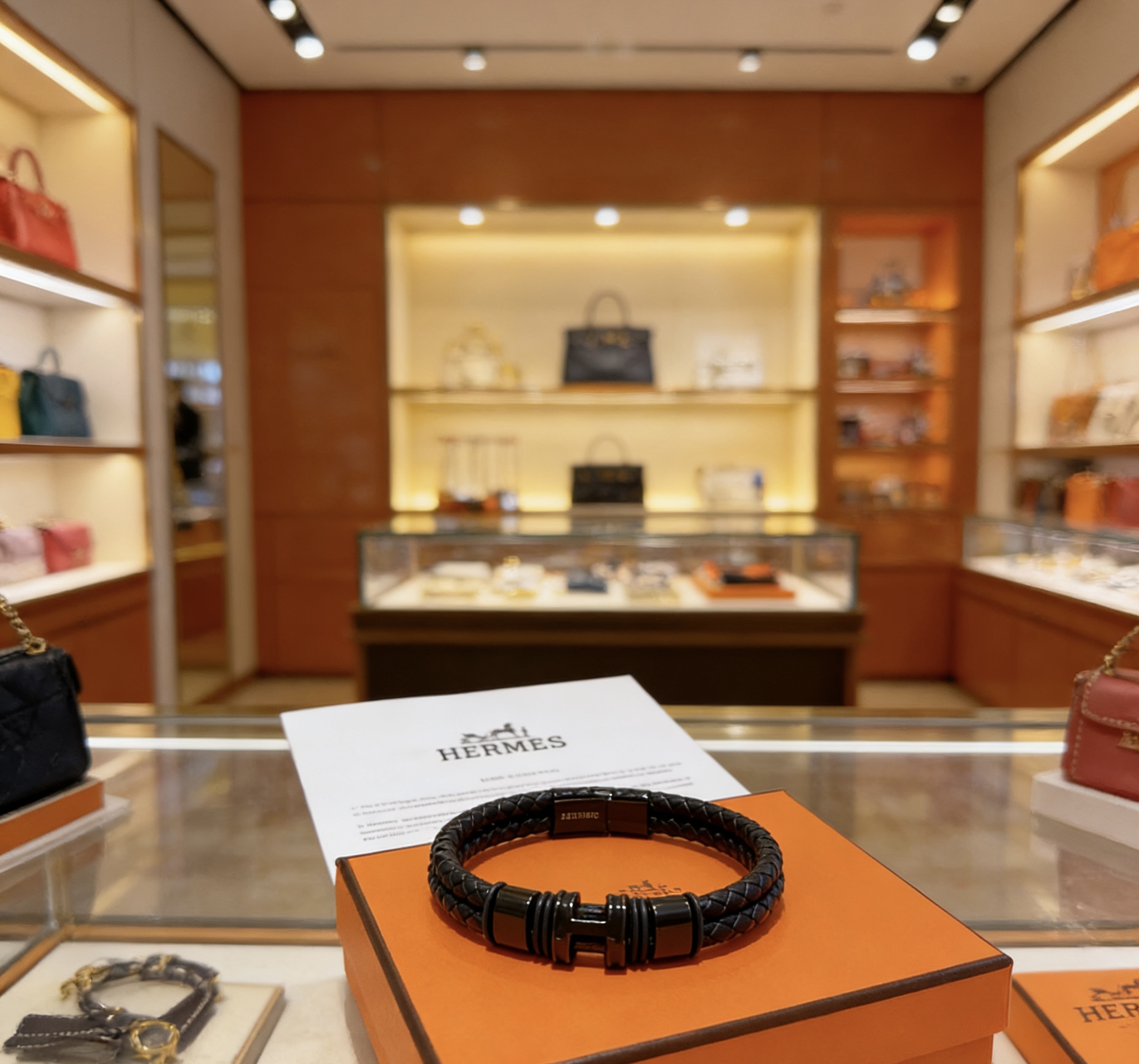 Bracciale Hermes New Anger Forest Pelle intrecciata nera con hardware nero color canna di fucile 19 cm