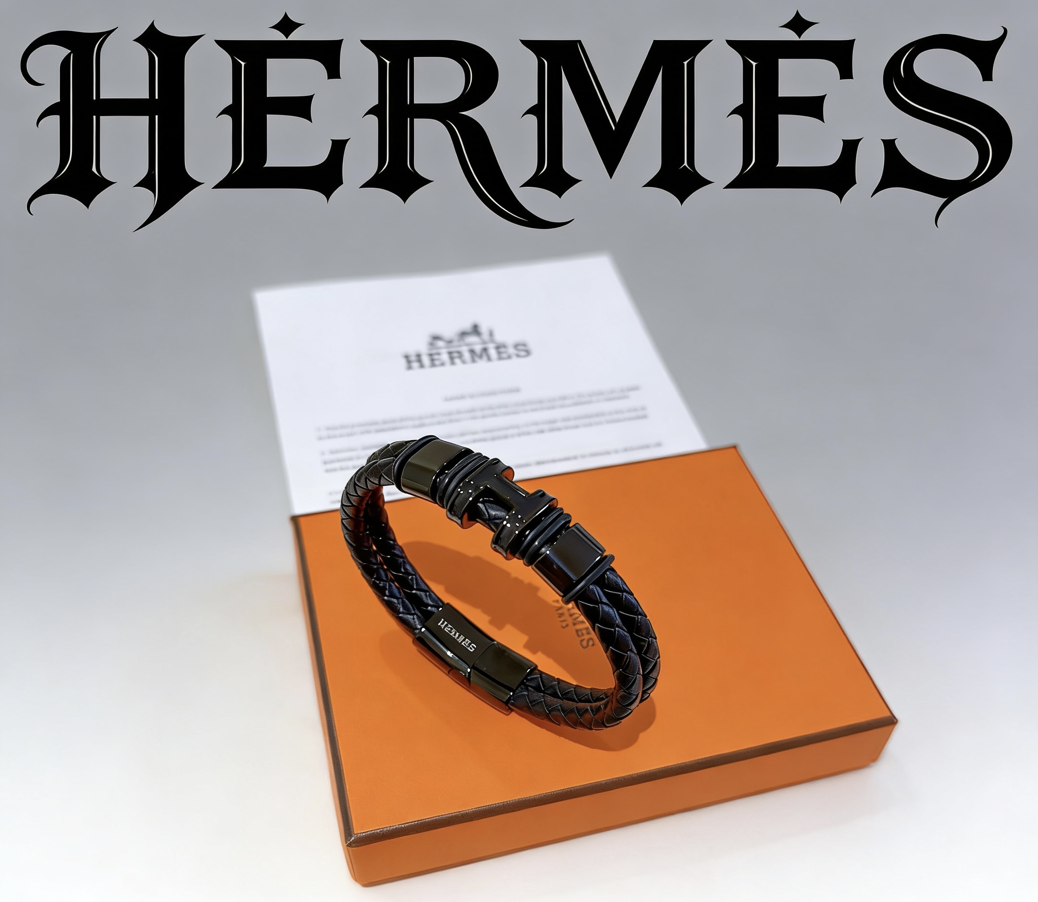 Bracciale Hermes New Anger Forest Pelle intrecciata nera con hardware nero color canna di fucile 19 cm